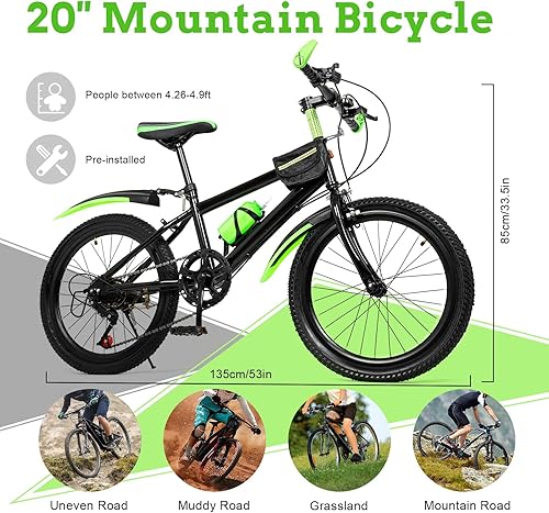 Miniatura 7 de Bicicleta de montaña para niños de 20 pulgadas con freno de disco doble de 7 velocidades, bicicleta de ciudad para niños de acero al carbono de 20