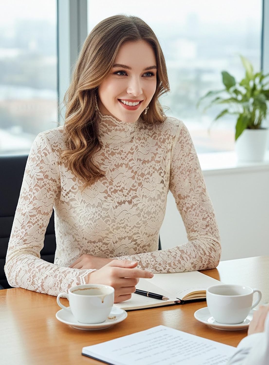 METWAY Lace Top for Women Long Sleeve Lace Shirt Sheer Turtleneck Ruffle Floral Mesh Undershirt Going Out Sexy Blouse - Image 3