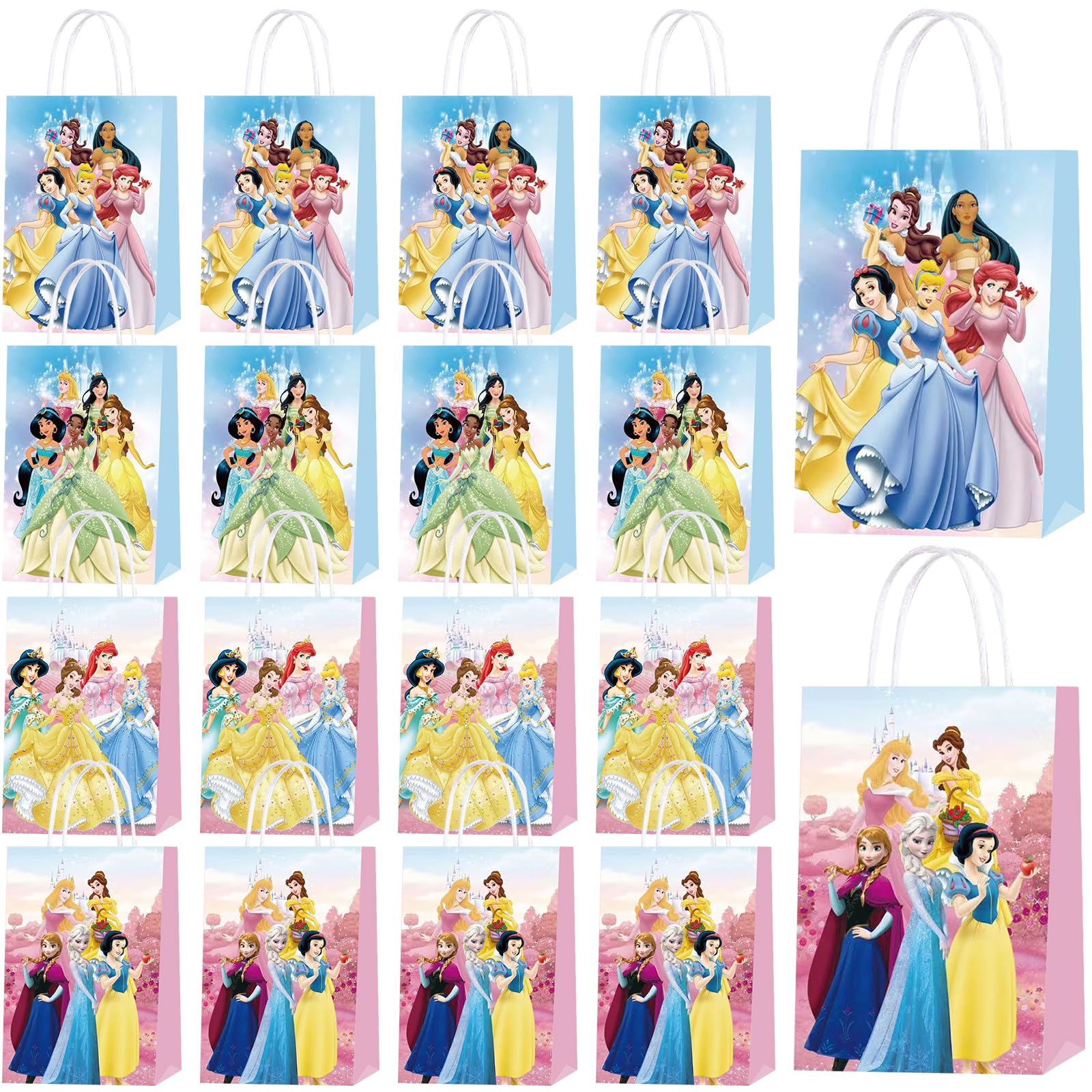 AURSWIF Princess Birthday Party Bags, 20 PCS Princess Kraft Paper Goodie Bag with Handles Small Gift Treat Bags for Princess Party Supplies