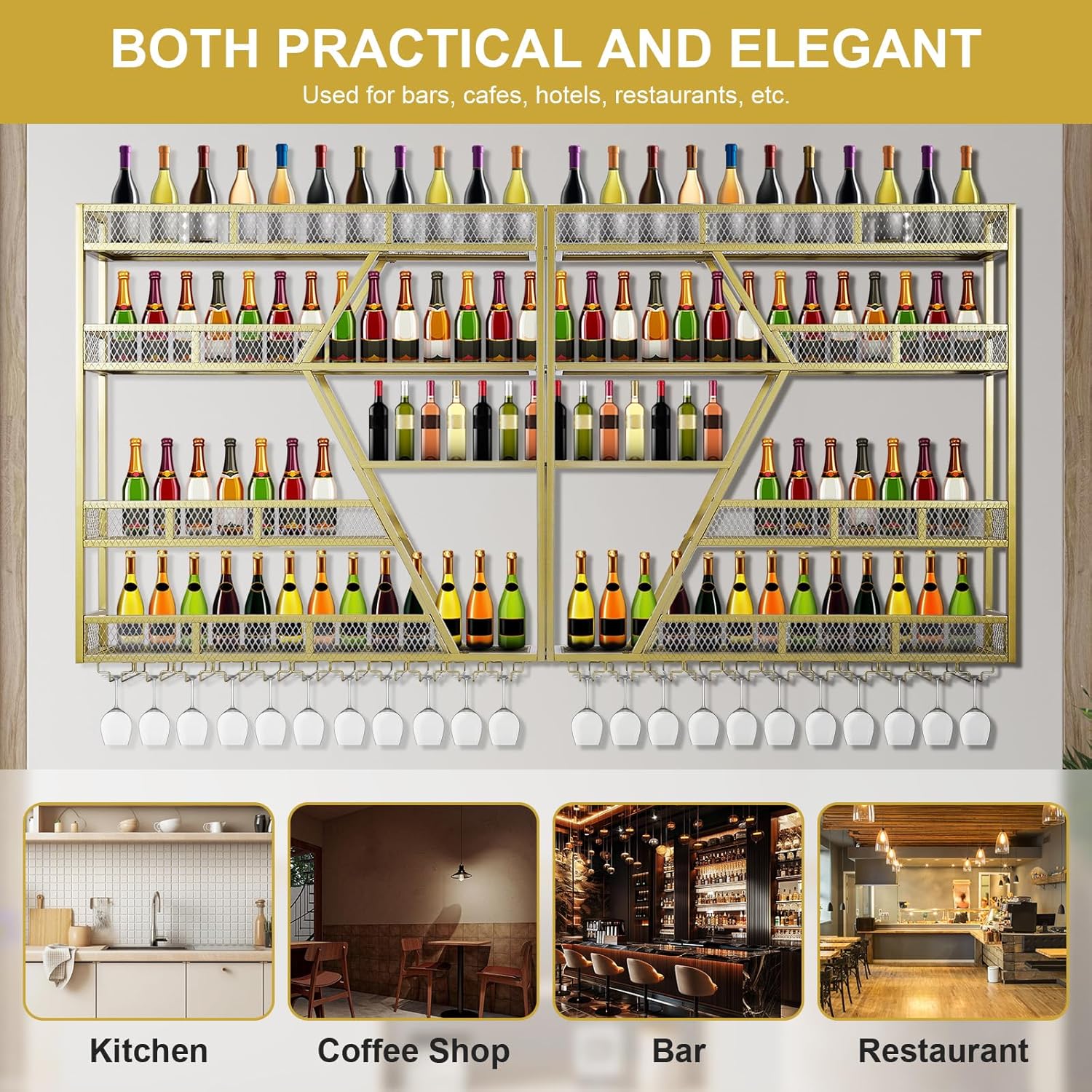 Metal Bottles Storage Display Storage Shelf with Glass Holder Bottles Floating Shelves for Home Dining Room Kitchen