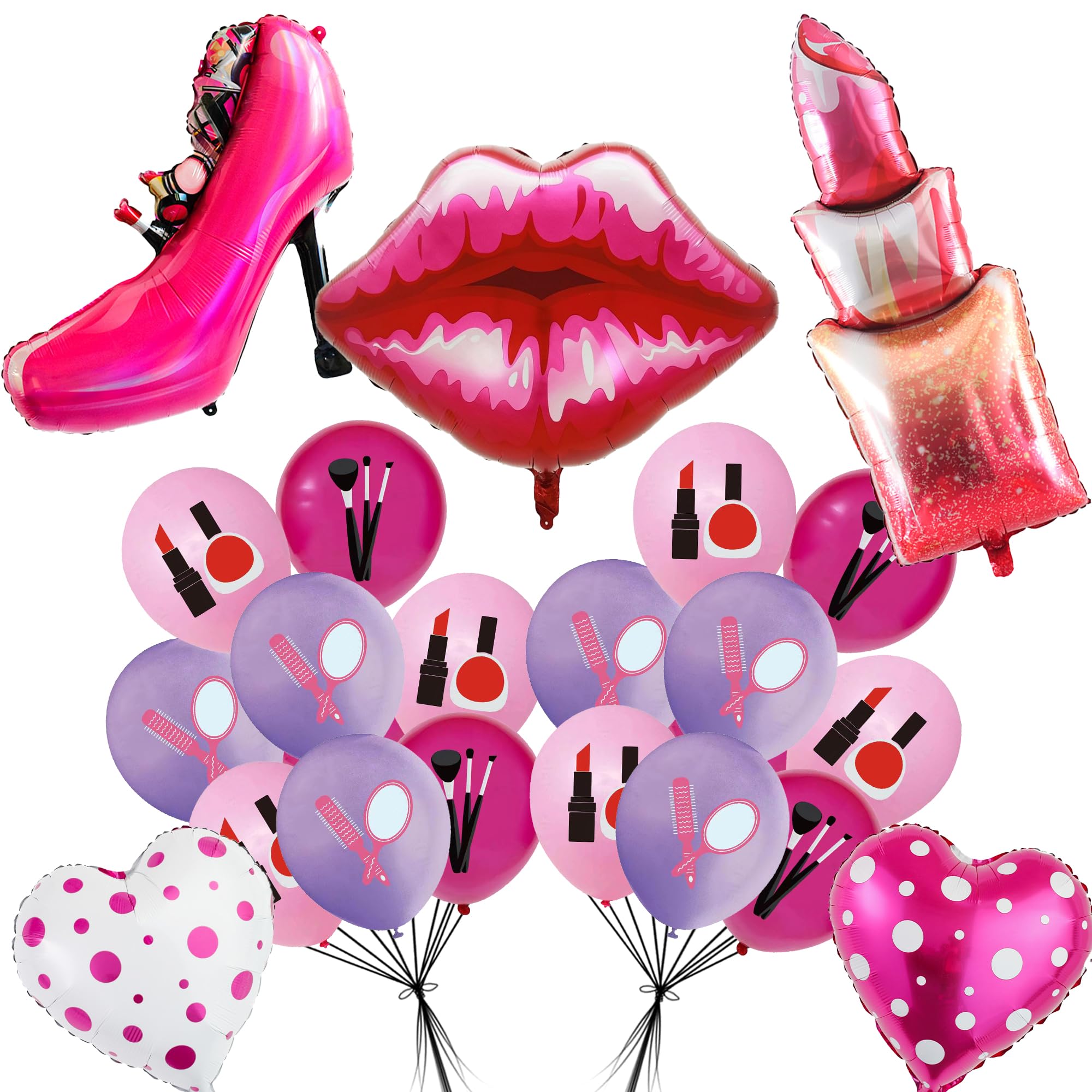 Makeup Theme Birthday Party Decorations - 14 Pcs Pink Make Up Foil Balloons Lipstick Lips Heart High Heels Balloon Set for Girls Women Ladies Birthday Bridal Showers Spa Party Decor Supplies
