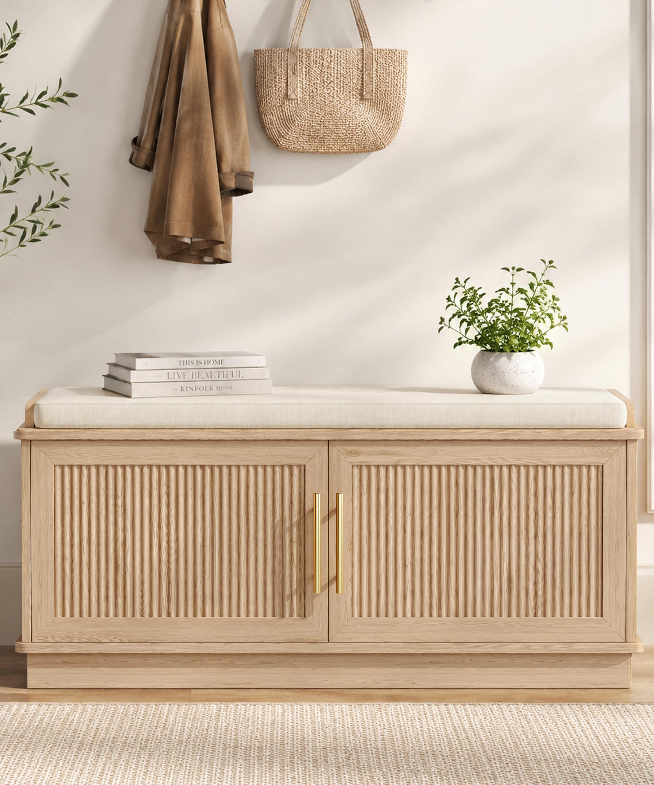 Akxomel 39.4' Fluted Shoe Storage Bench — Natural Oak