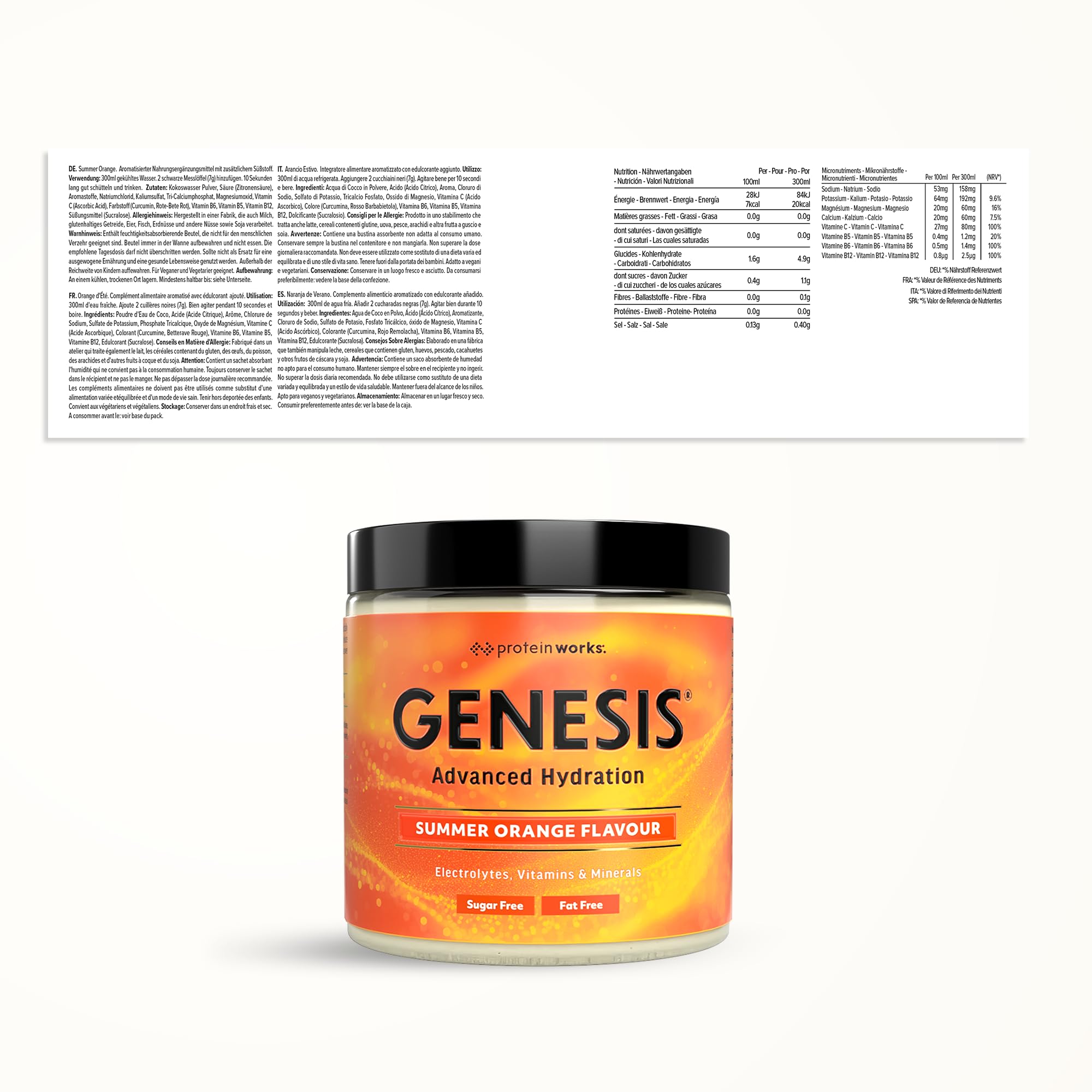 Protein Works | Genesis Electrolytes Hydratation, Orange d'Été, 210g | Poudre d'Électrolytes Sans Sucre, Avec Eau de Coco, Sodium, Magnésium, Vitamines C, B12, B6, B5, Végan, 30 Portions