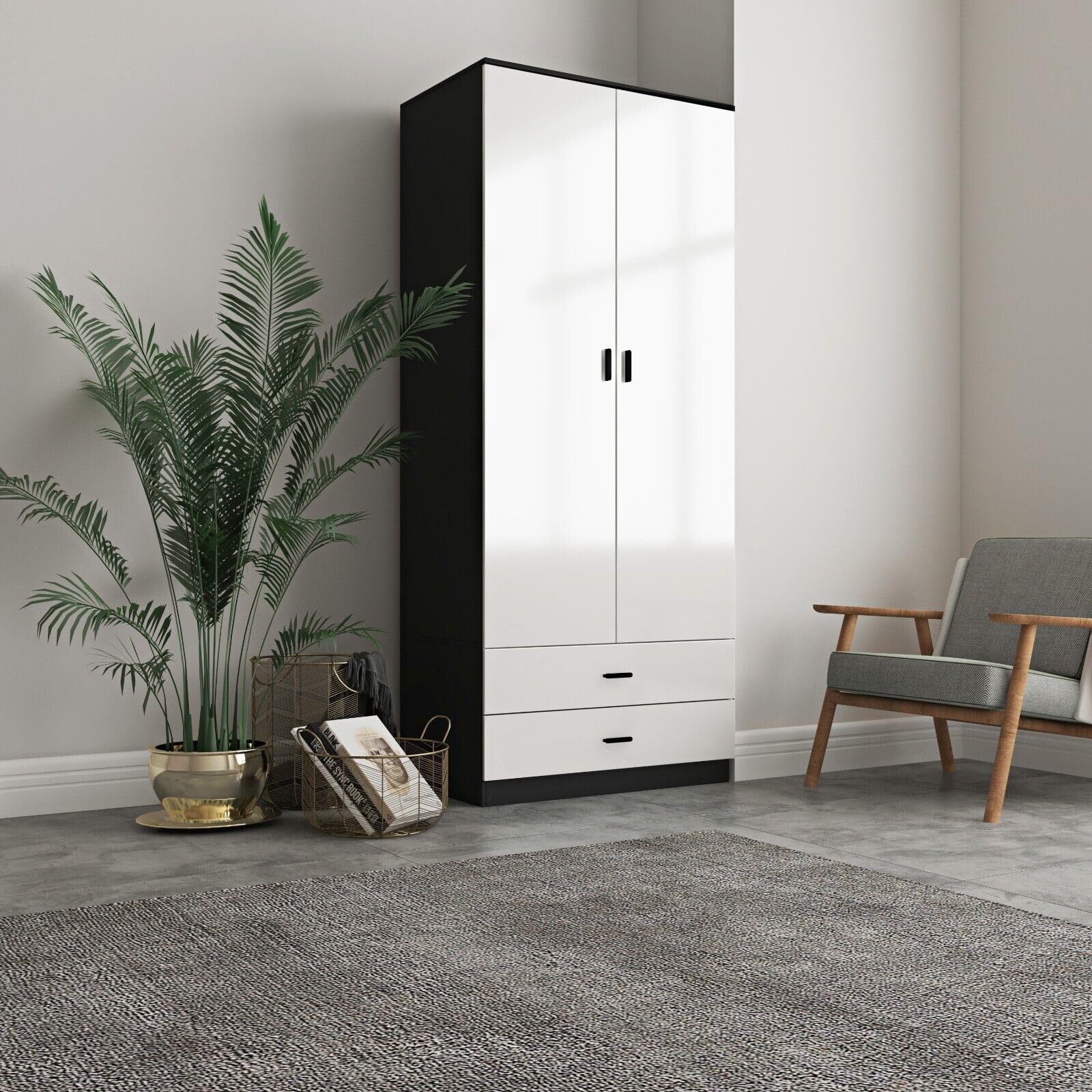 URBNLIVING Glossy Tall 2 Door Wardrobe Bedroom Storage with Hanging Rail Modern Furniture