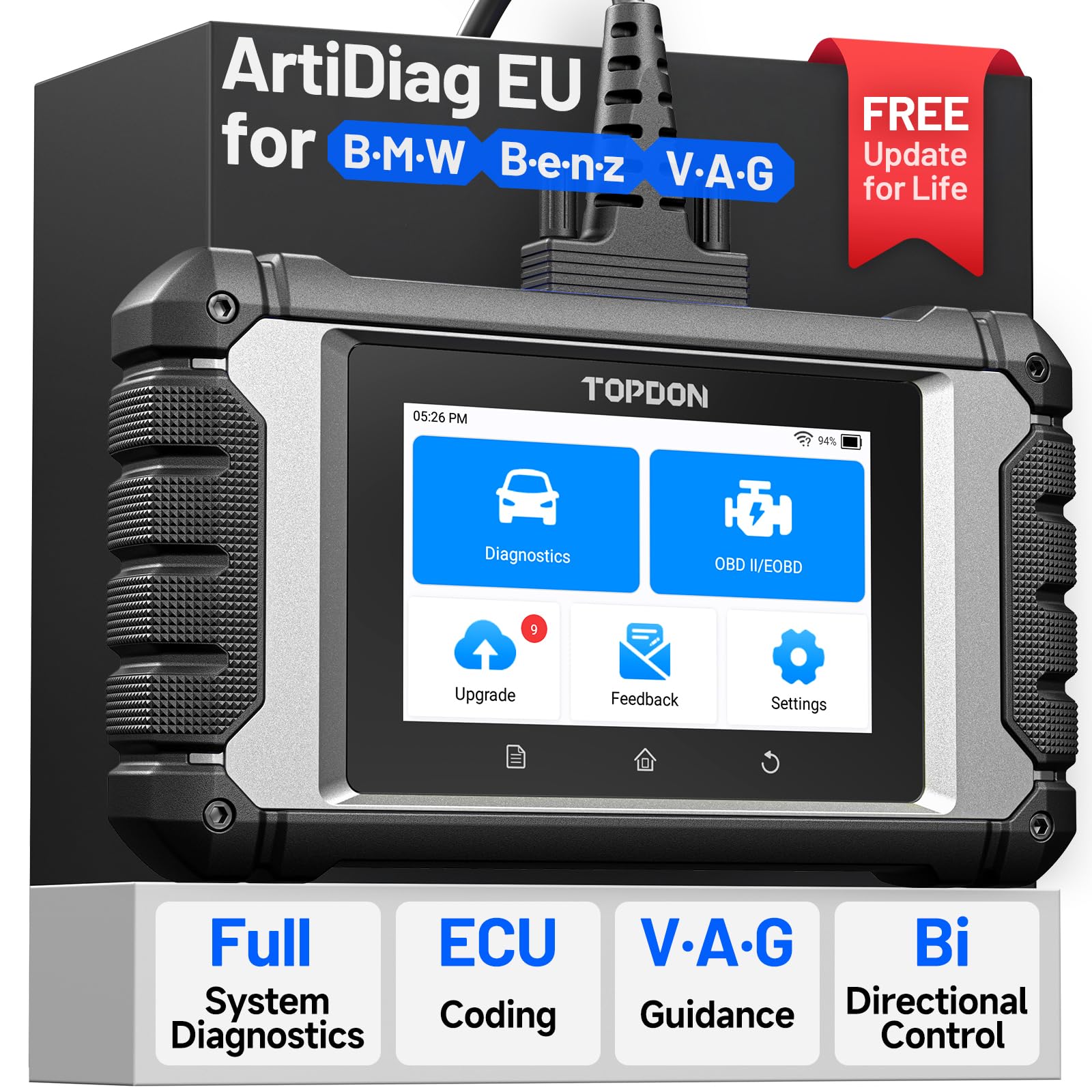 TOPDON ArtiDiag EU Multi-Brand Car Diagnostic Case, Full-System Diagnosis for BMW/BENZ/VAG Models, Bi-Directional Control Scanner, ECU Online Coding, All Maintenance Service, Lifetime Free Update