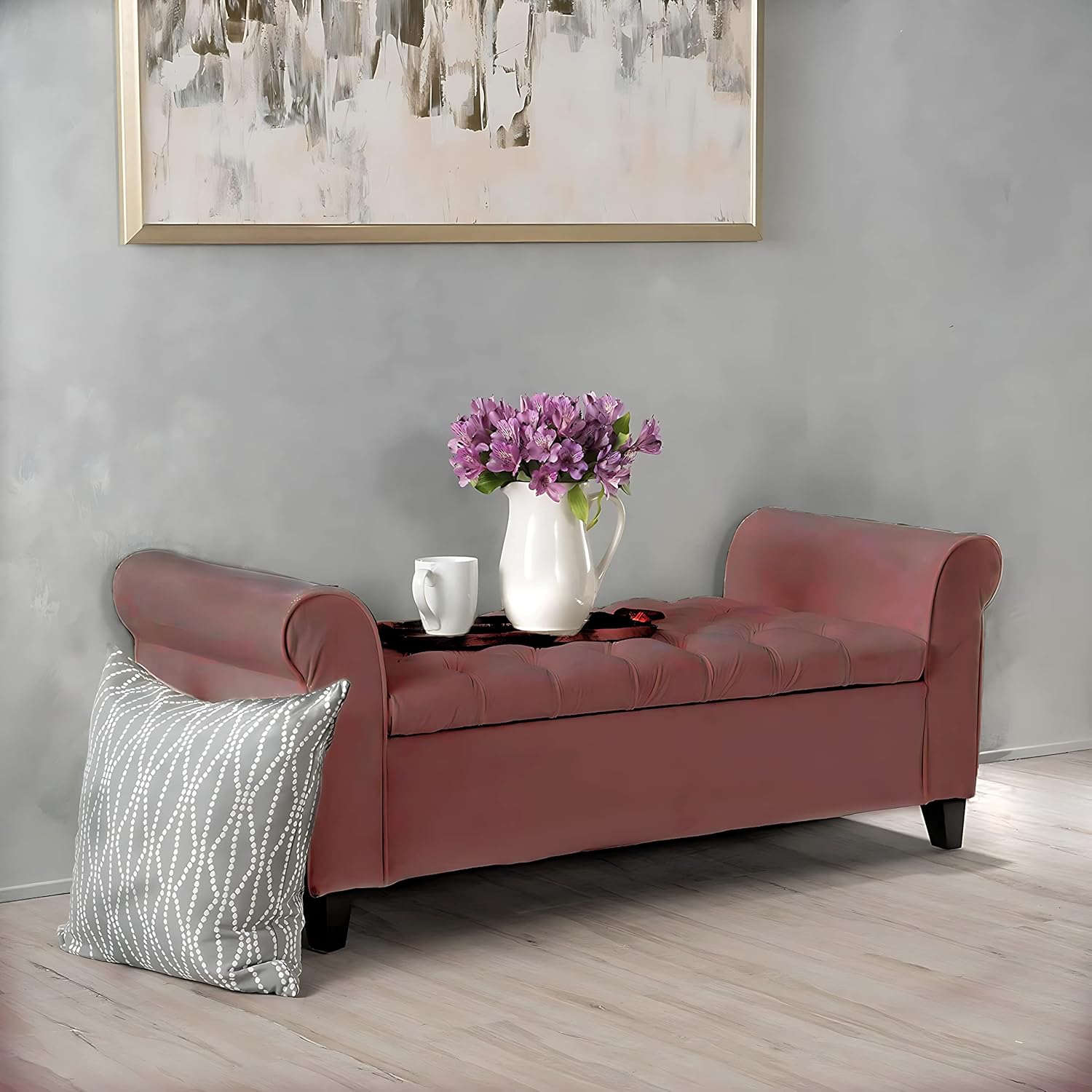 BLACK OAK Wood Claxton Upholstered Flip Top Storage Bench 2Person Sofa