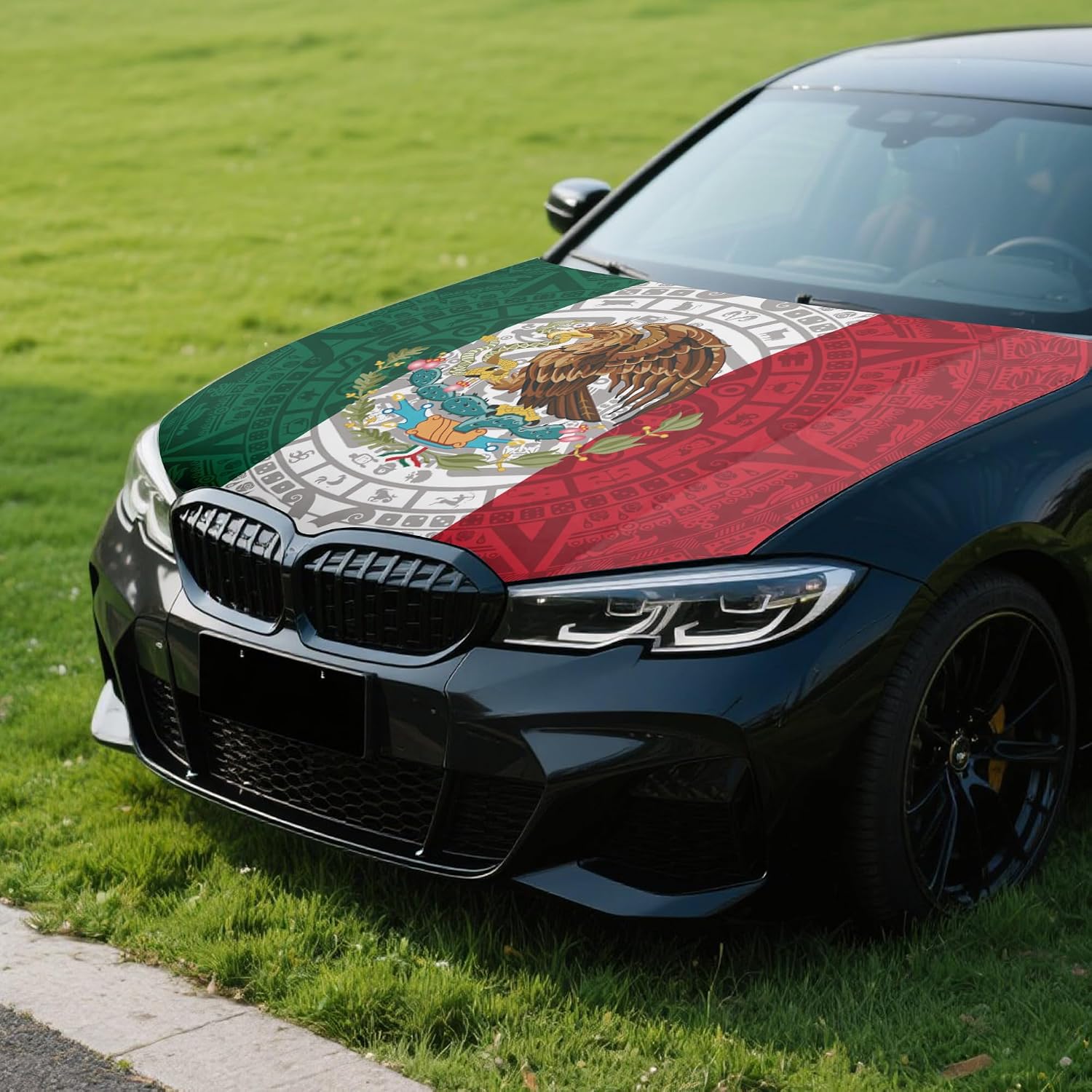 4x5ft Mexico Totem Car Hood Cover, Car Bonnet Banner, Universal Fit, Elastic Polyester, Stretchable, Patriotic Automotive Hood Covers, Mexicans Patriot Gifts