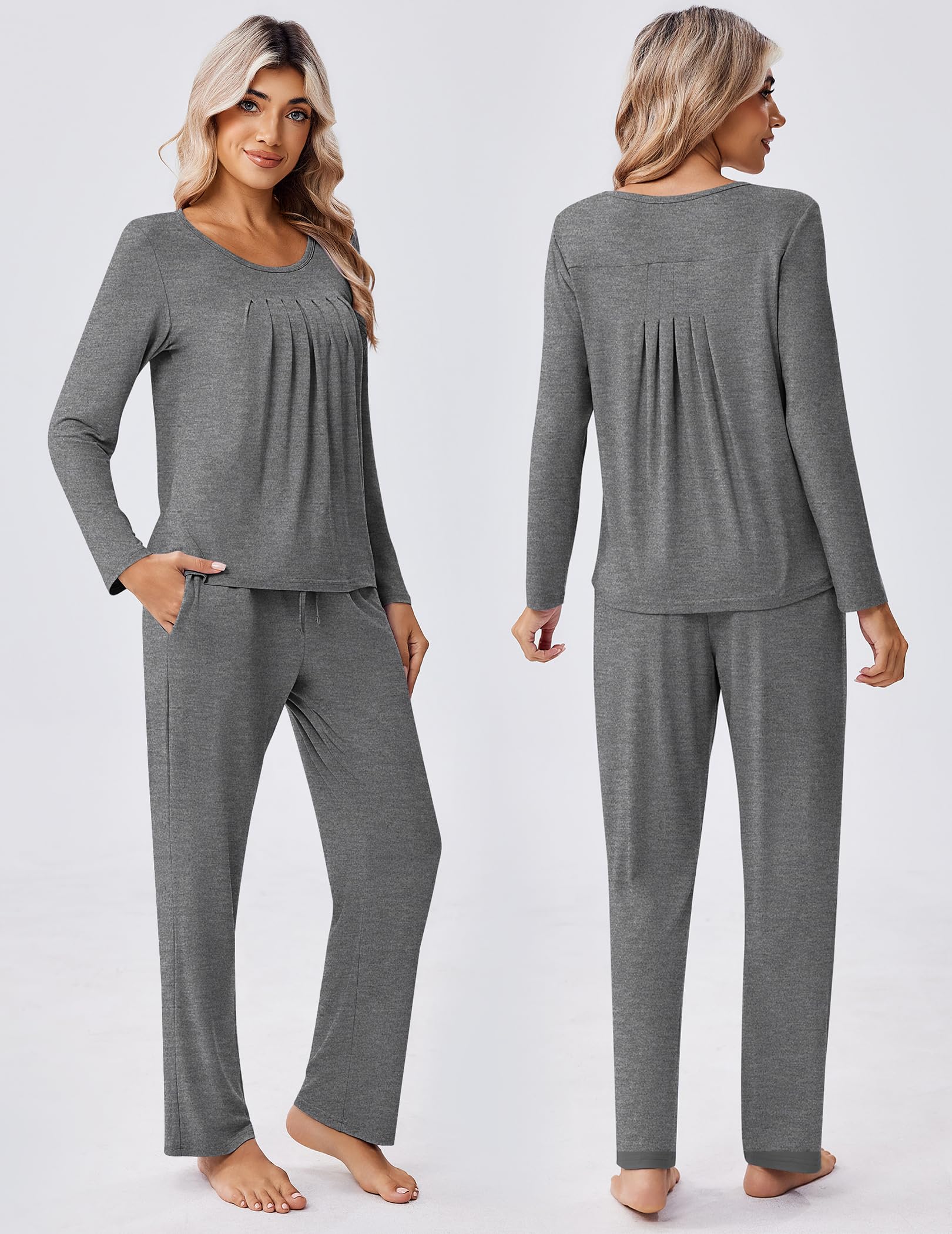 Ekouaer Pigiama Donna Invernale Caldo Pigiami Invernali Pigiama Due Pezzi Tasche con Coulisse, S-XXL