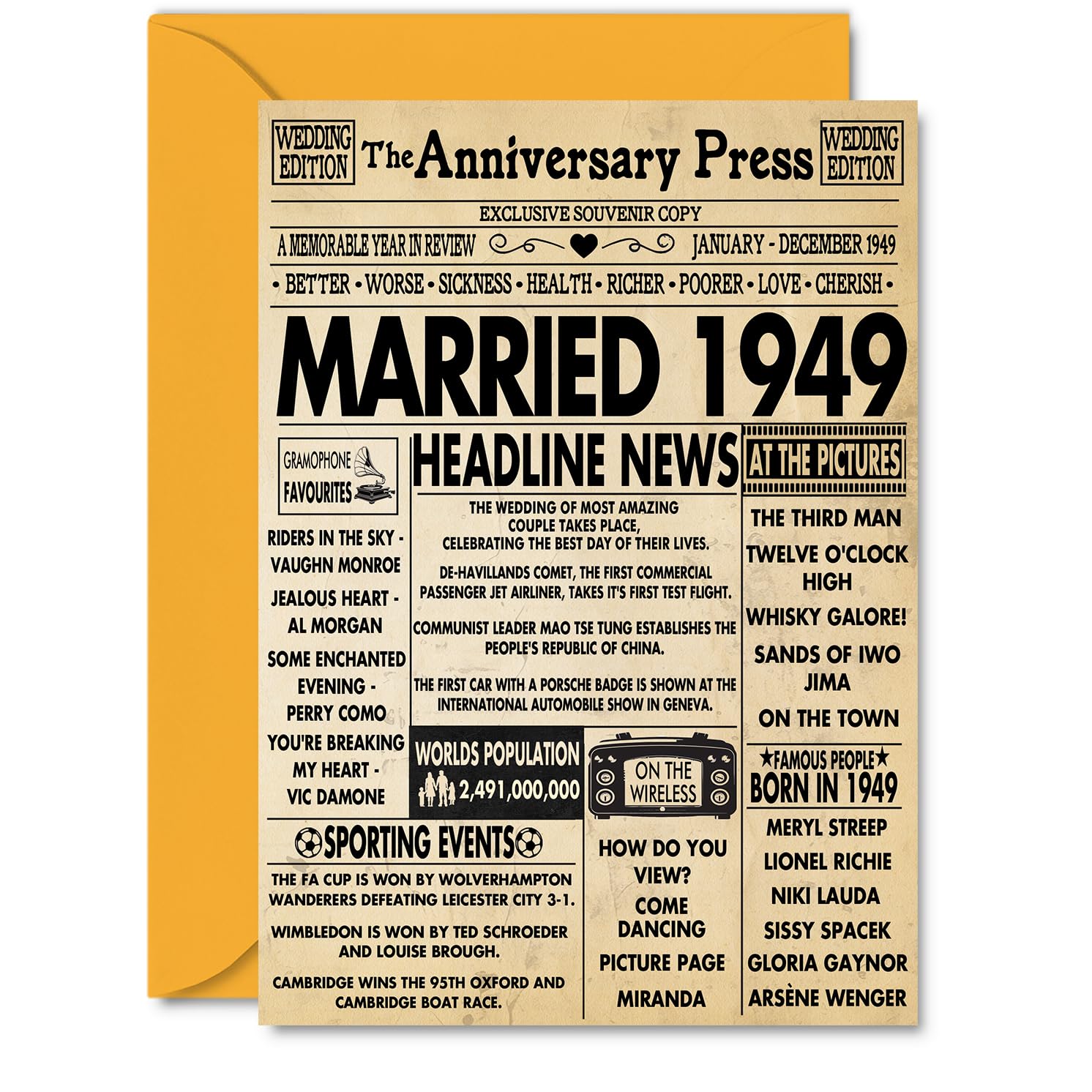 77th Anniversary Cards for Men Women - Married 1949 Newspaper - 77 Wedding Anniversary Card for Husband Wife Grandma Grandad Nan Vintage Retro 1949, A5 Greeting Cards