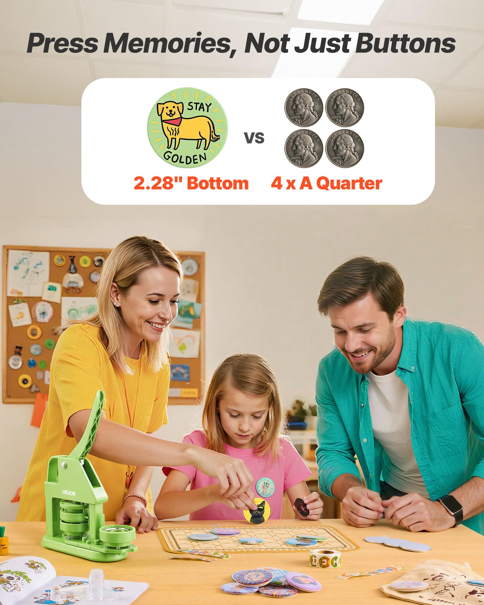 VEVOR Machine à Badge Bouton, 58 mm, Presse à Badges en Plastique avec 100 Kits de Badges, Cutter Circulaire, Clés Hexagonales, Poignée Ergonomique, pour DIY Personnalisation, Enfants et Adultes, Vert