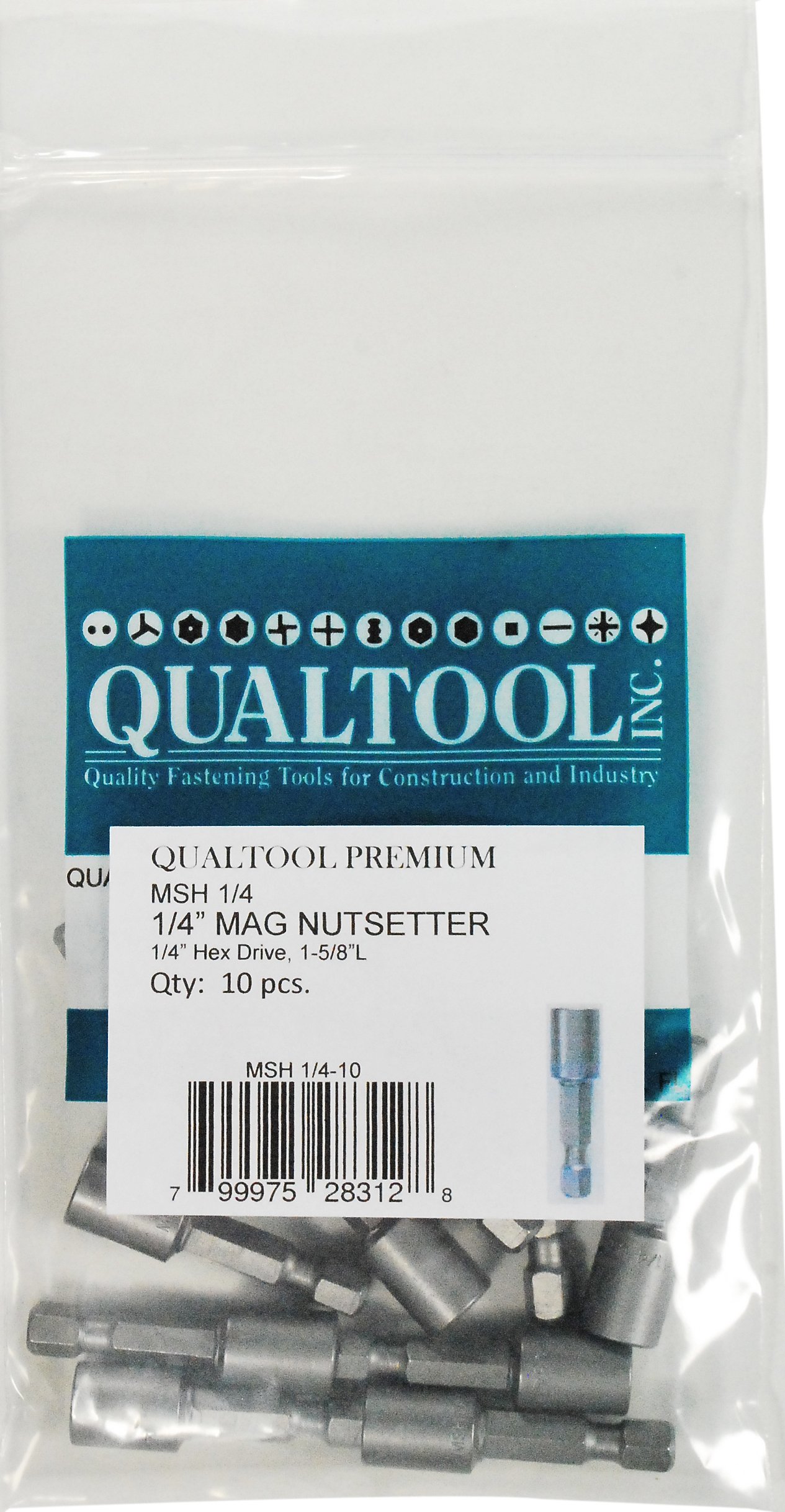 QUALTOOL PREMIUMMSH1/4-10 Magnetic 1/4-Inch Hex Short Nutsetter, 10-Pack