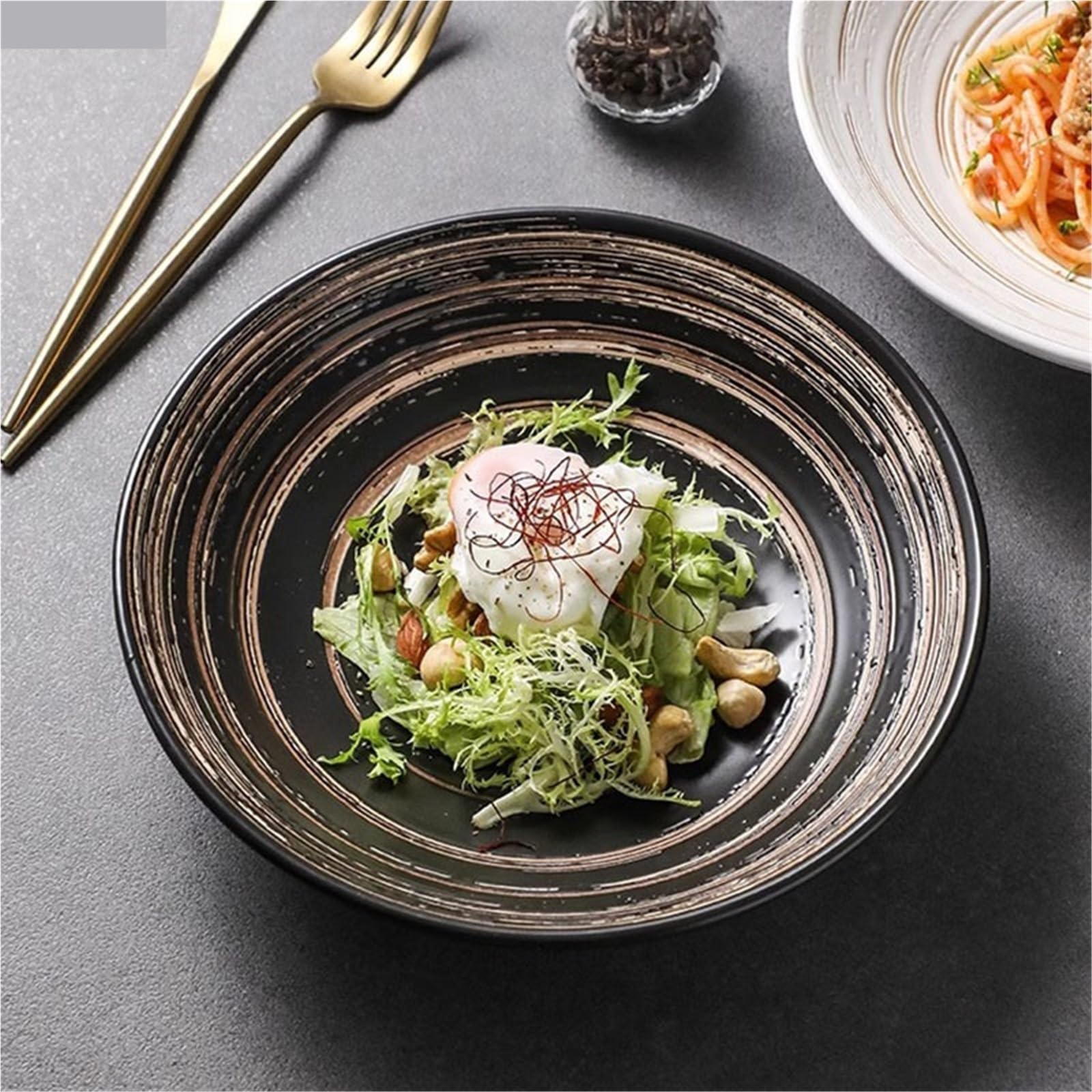 Ensaladeras Cuenco de cerámica con textura en espiral, creativo, for restaurante, tazón sopa grueso, ensaladera, Pasta, postre, cuencos for Sushi, vajilla especial, 1 ud(Black)