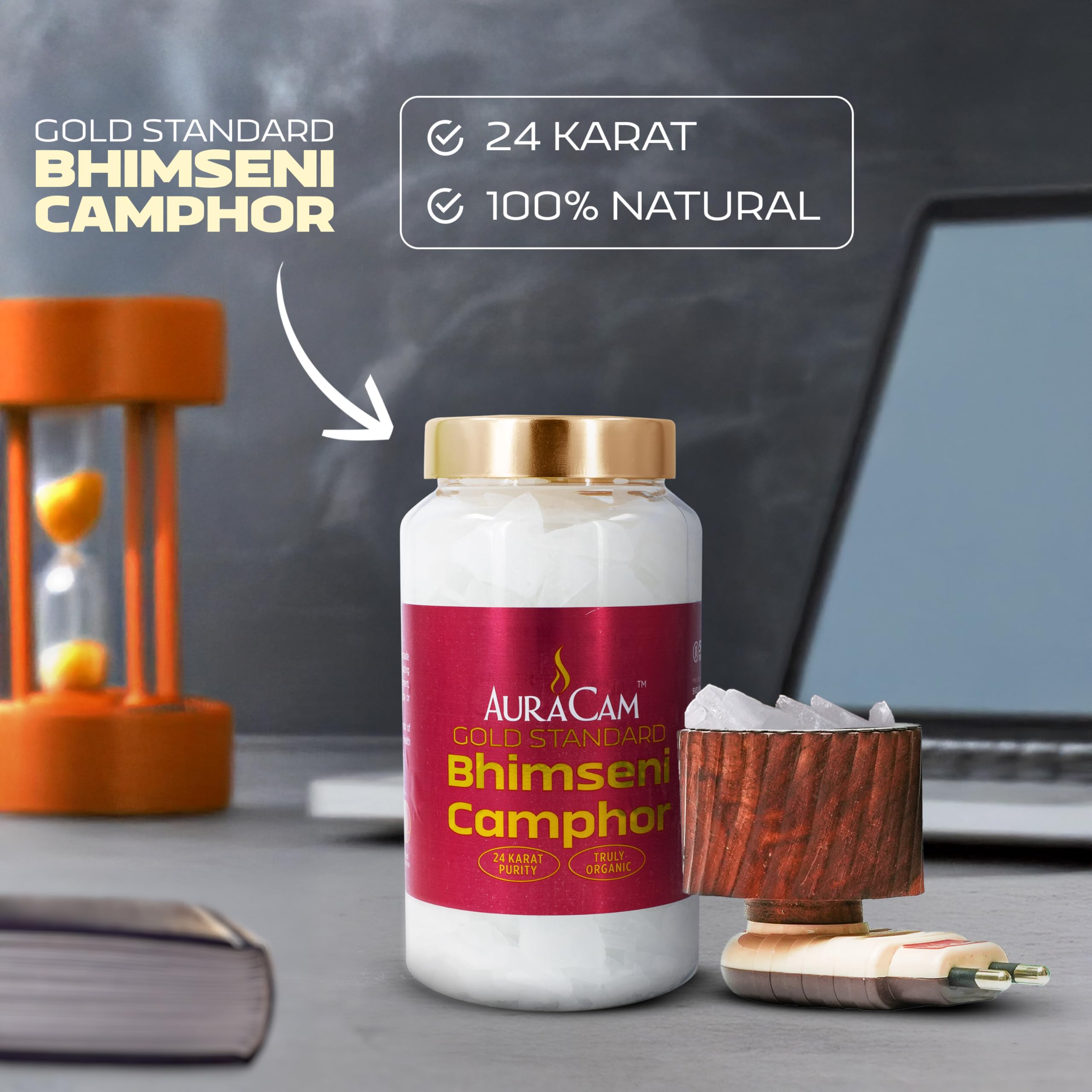 AuraCam Gold Standard Bhimseni Camphor with Electrical Diffuser/Camphor/Kapoor Burner/Aromatic for Pooja, Meditation, Havan/Pure & Natural Pacha Kapoor with Stand for Home, Office (Pack 1, 500 g) 2