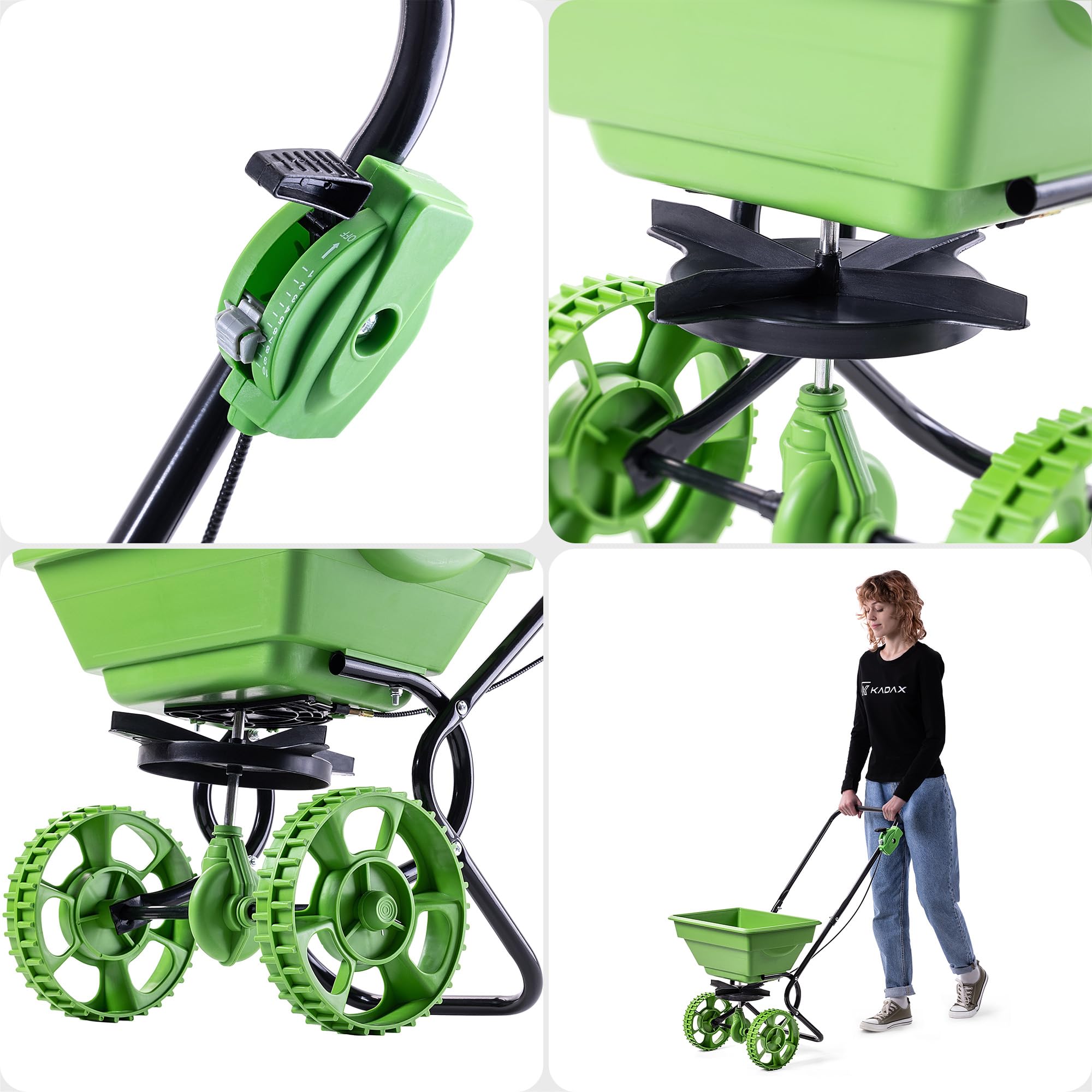 KADAX Carro esparcidor de 15 L con ruedas, esparcidor de abono, salero y esparcidor de semillas para jardín y servicio de invierno, para sal de carretera y fertilizante para césped