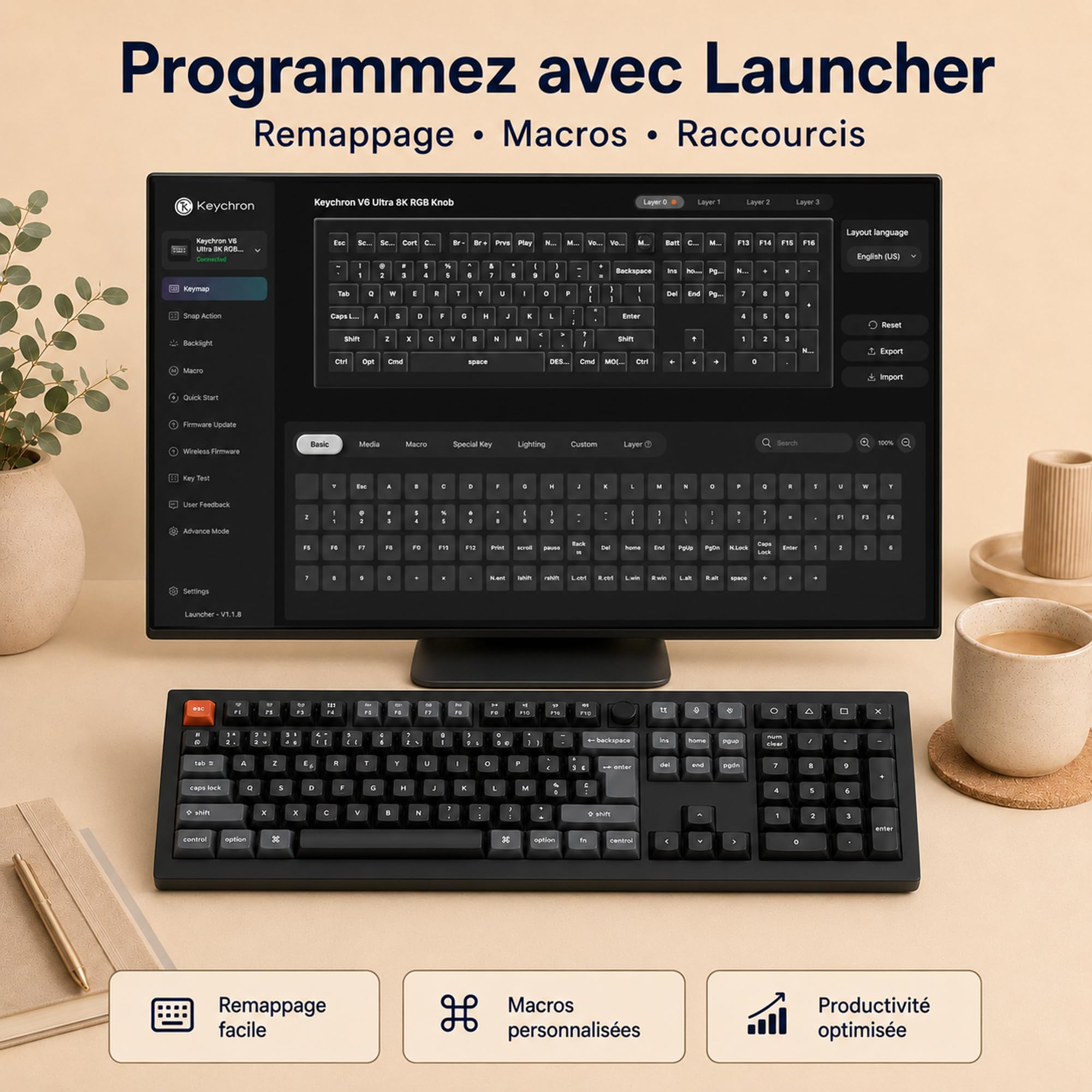 Keychron V6 Ultra 8K Clavier Mécanique sans Fil Pleine Taille, 2.4G/Bluetooth 5.3/USB-C, Touches PBT OSA, RGB Personnalisable, Switches Rouges Pom Hot-Swap pour Mac/Windows/Linux (Disposition AZERTY)