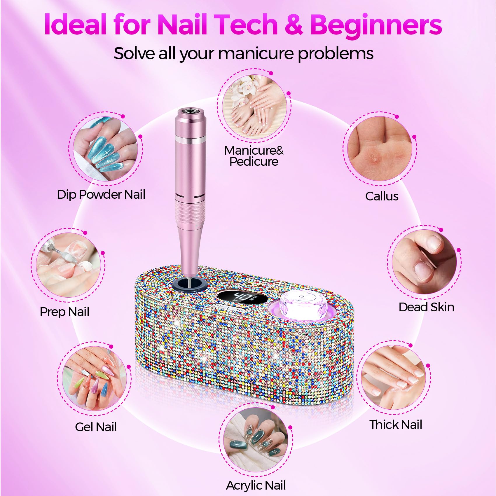 Sparkly - Kit professionale per trapano per unghie, 40000 giri/min, con 12 punte da trapano per unghie acriliche, rimuove smalto gel e manicure per salone di casa, diamante colorato