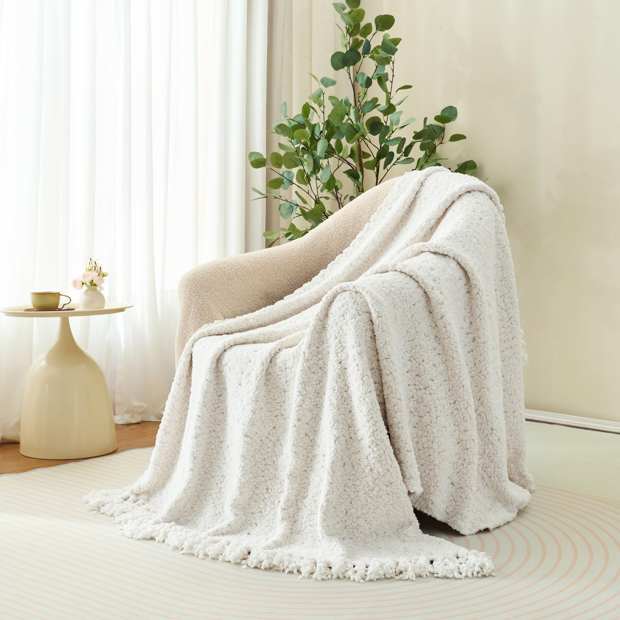Überwurfdecke für Couch, luxuriös, gestrickte Überwurf, 152,4 x 203,2 cm, strukturierte Strickdecke mit handgefertigten Fransenquasten für Bett, Sofa, dekorativ, klobig, weich, Bauernhaus,