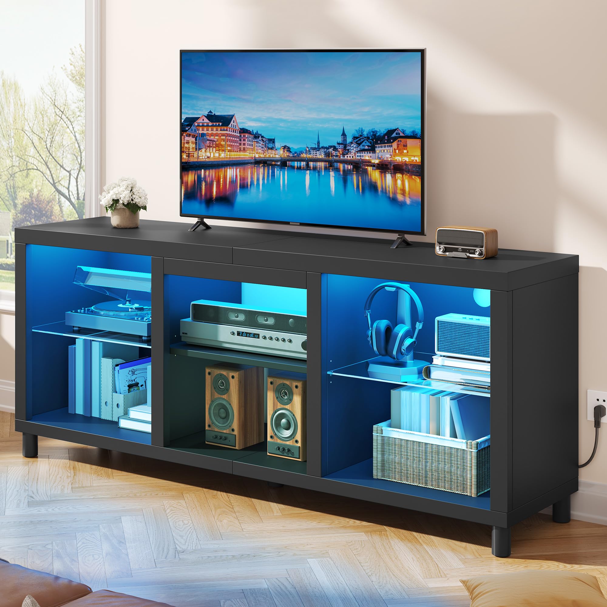 YITAHOME Mobile Porta TV con Luci, 148cm Mobile TV per TV da 65 pollici e piccoli televisori con luci LED RGB & ripiani in vetro regolabili per soggiorno, camera da letto (Nero)