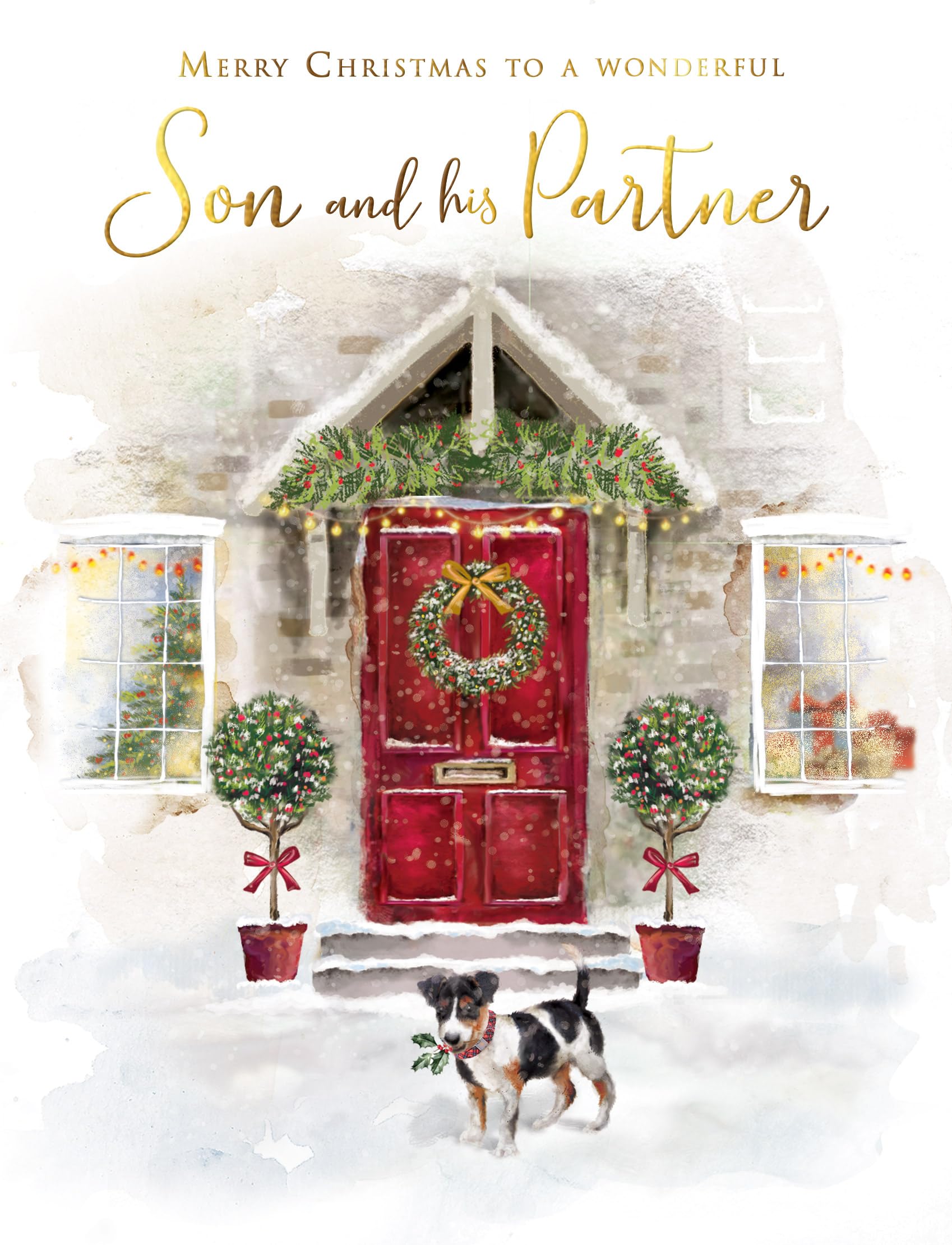 Christmas Card To a Wonderful Son & Partner Red door - 8 x 6 inches - Piccadilly Greetings