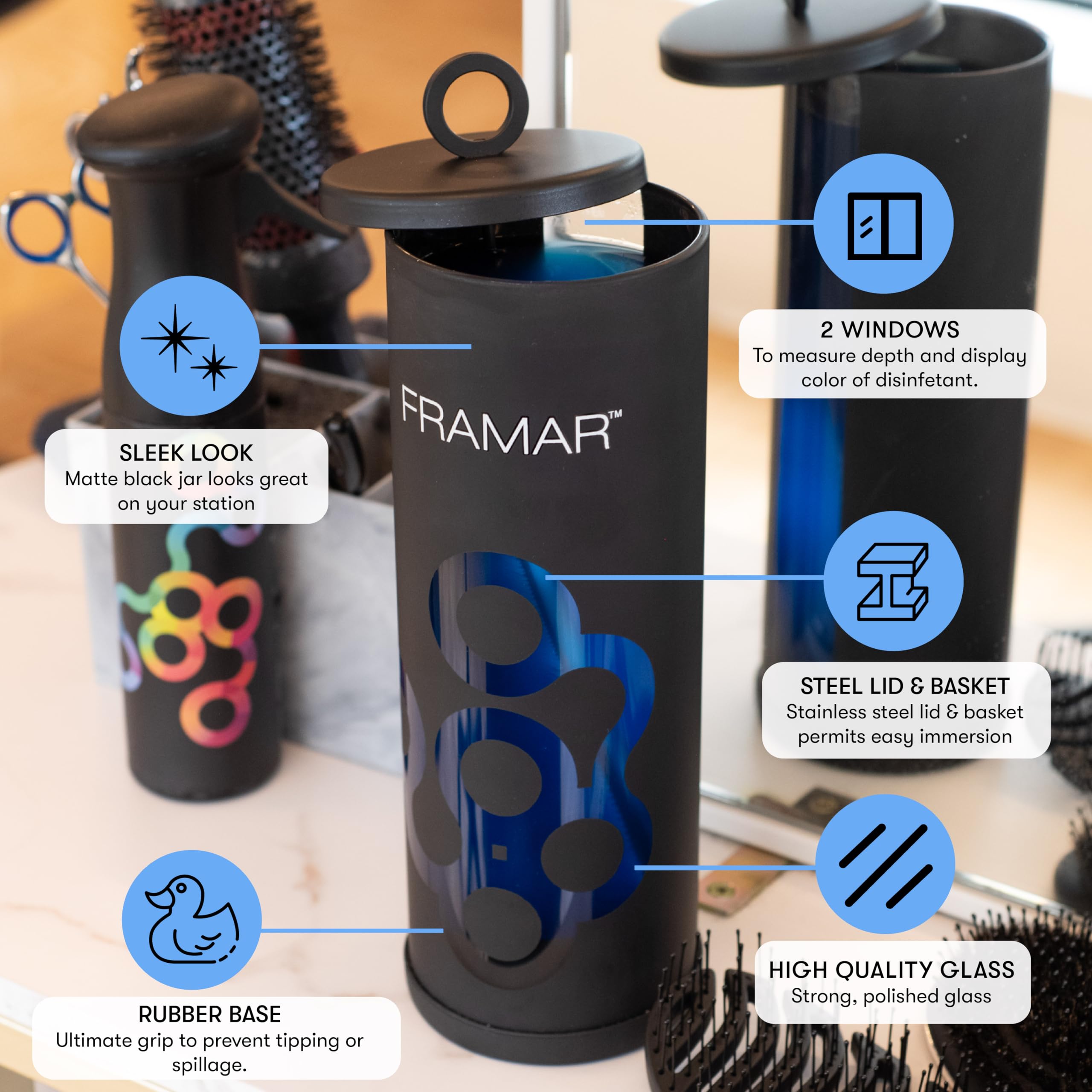 FRAMAR Disinfectant Jar For Salon - Hair Disinfectant Liquid, Salon Disinfectant Jar, Barber Accessories, Barber Cleaning Supplies, Salon Accessories, Aesthetic Design, Non Slip Base – Matte