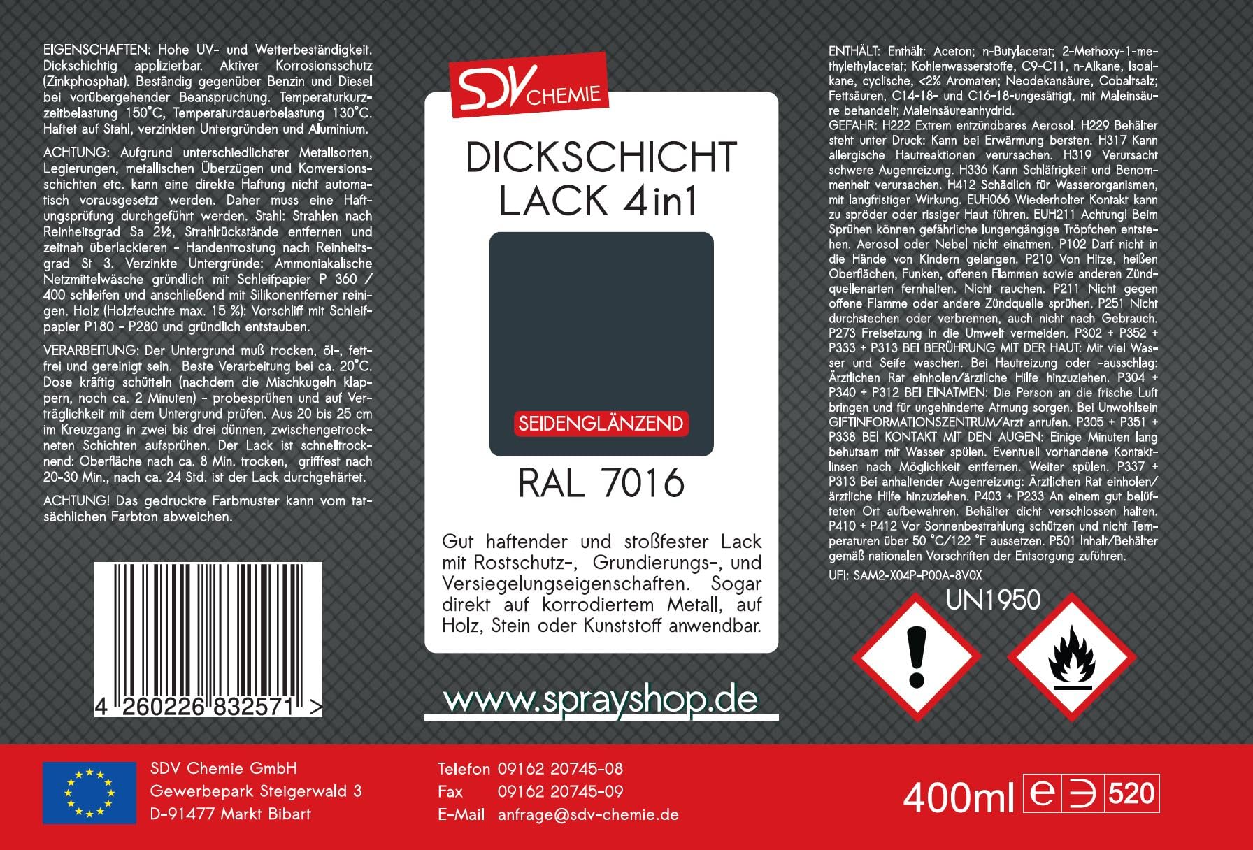 SDV Chemie Dickschicht Lackspray RAL 7016 anthrazitgrau glänzend 12x 400ml