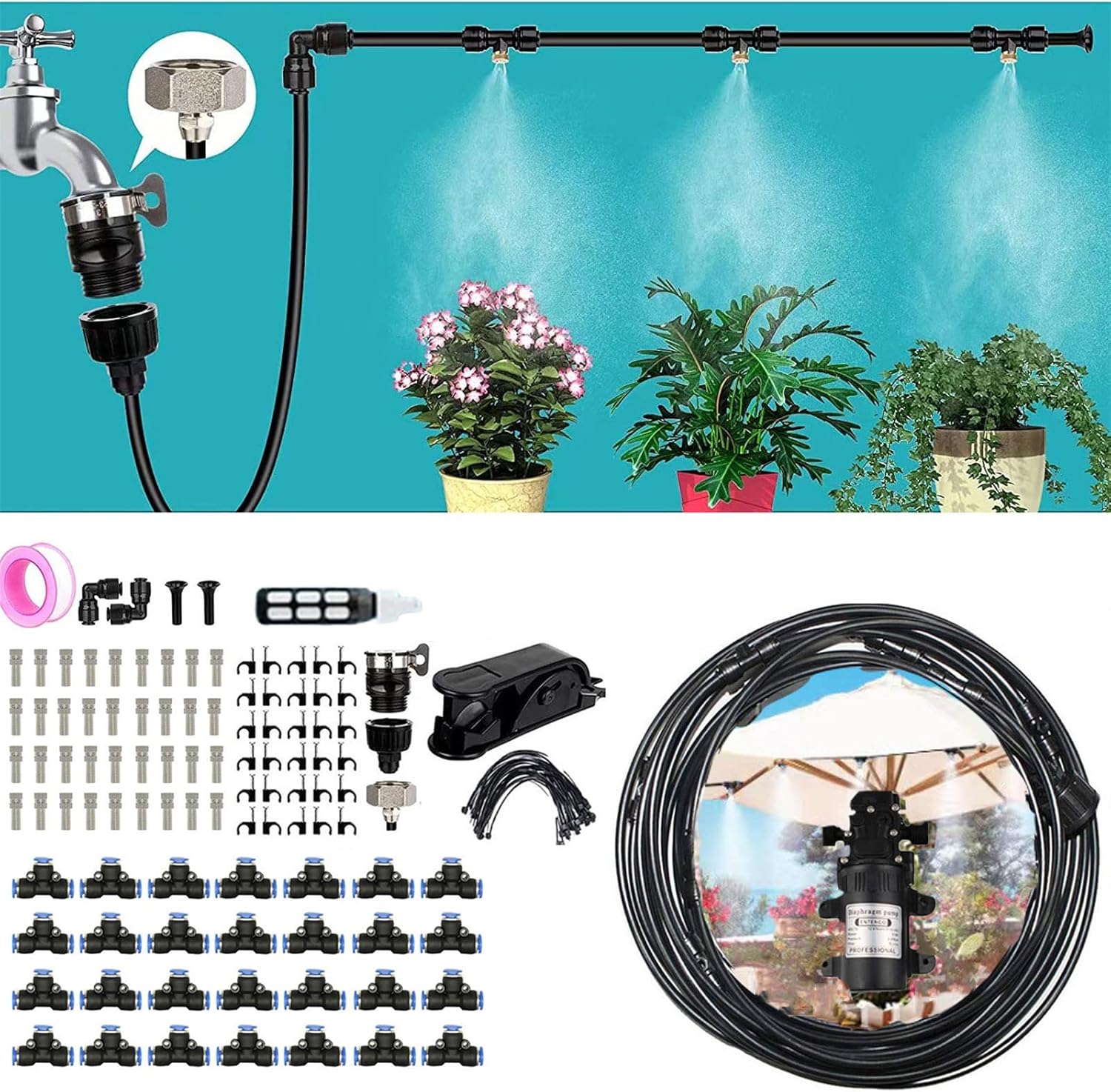 Outdoor Misting Cooling System Kit with 24V Silent Pump & Brass Sprayers & Filter, Patio Misters Mister System Drip Irrigation System for Outside Patio, Garden Coo(Size:12m/39.3ft Tube+ 16 nozzles)