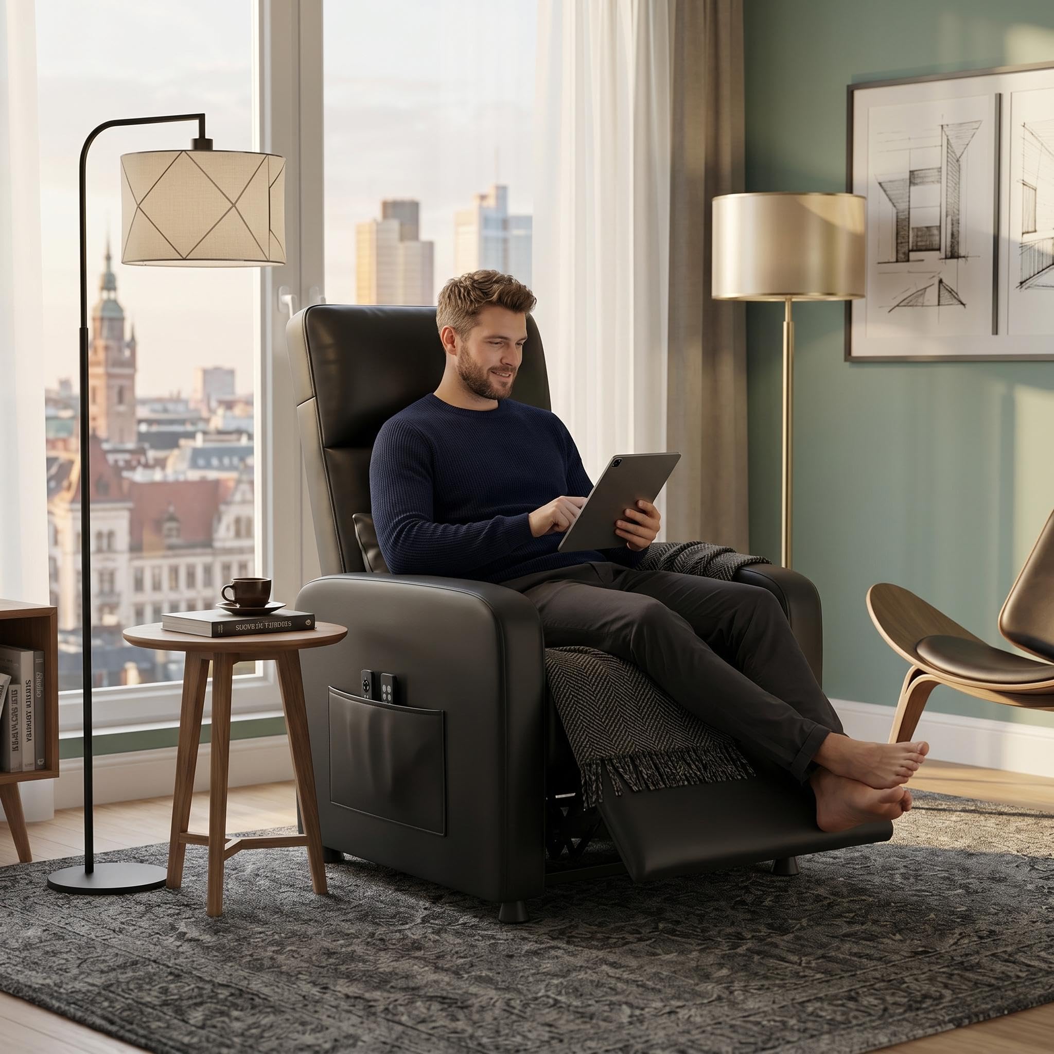 GarveeLife Sillón Relax Reclinable Eléctrico con Masaje de 4 Puntos y Calefacción Lumbar, Tapizado en PU, Reposapiés Eléctrico, Puerto USB C, Negro
