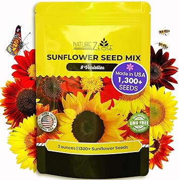NatureZ Edge 1300+ Sunflower Seeds Garden Variety Pack, Bulk Sunflower Seeds for Planting Flowers, Get More Sunflower Seeds to Plant, Mammoth, Dwarf, Lemon Queen, Giant and More. 2oz Packet