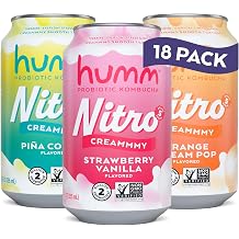Humm Nitro Kombucha Variety Pack, Creamy Smooth Probiotic Drink with L-Theanine, Includes Orange Dream Pop, Pina Colada & Strawberry Vanilla, Non-GMO, Vegan, Gluten Free, 12 fl oz Pack of 18