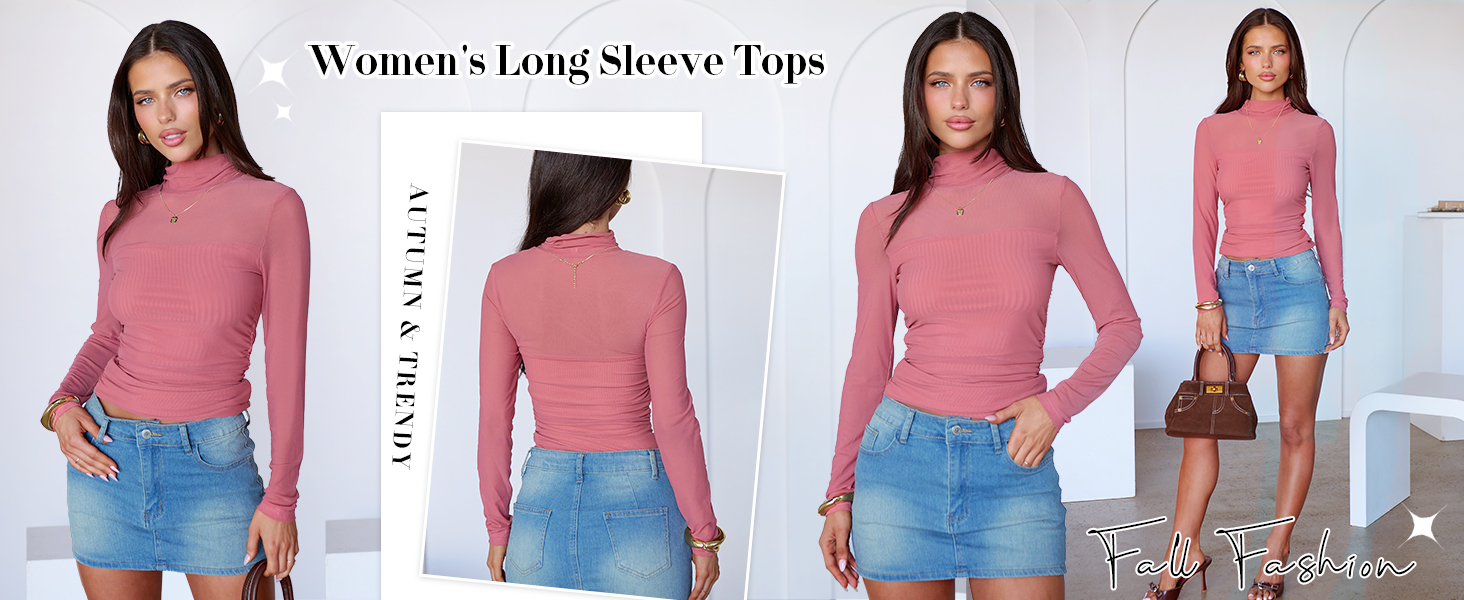 ANRABESS Womens Sexy Mesh Long Sleeve Shirts Trendy Mock Neck