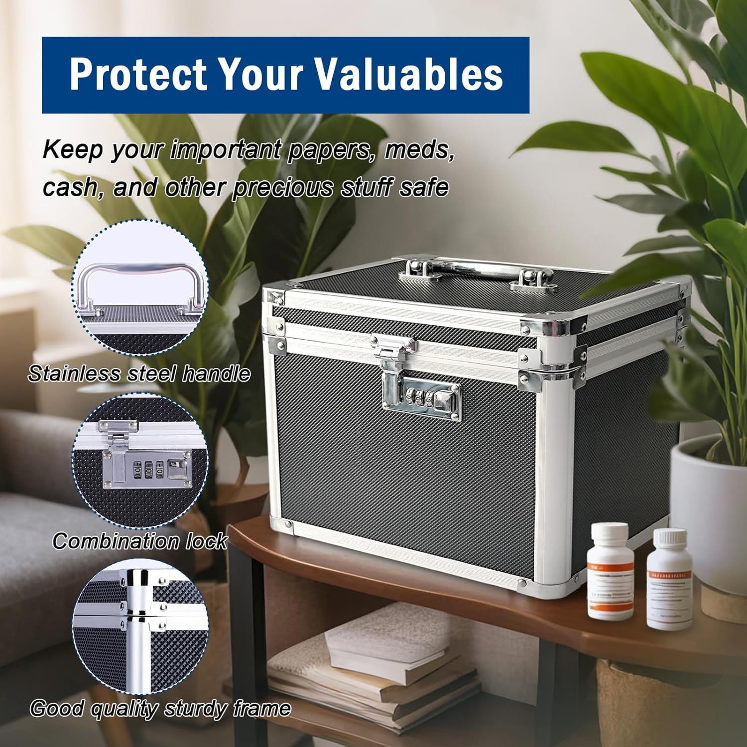 lock box with code, Large Lock Box for Storing Medications & Valuables with Code, 10x8x7.25 Inch Aluminum Alloy Locked Storage Box