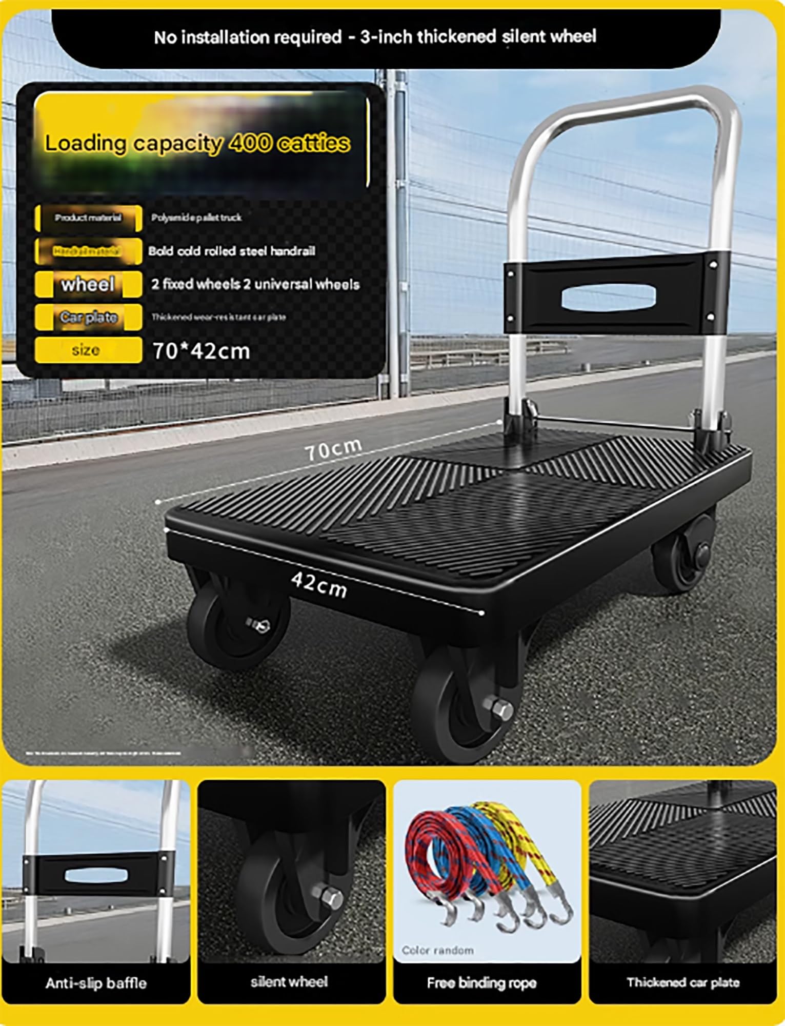 Carretilla de empuje de 440 libras, plegable, resistente, plataforma utilitaria móvil, carretilla manual con ruedas giratorias de 360 ​​grados(70x42cm/27x16in)