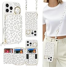 ELTEKER Mobile Phone Case for iPhone 16 Pro Max Case with Strap, Adjustable Shoulder Strap, Zip Wallet with Card Slot, Ring Holder - Leopard