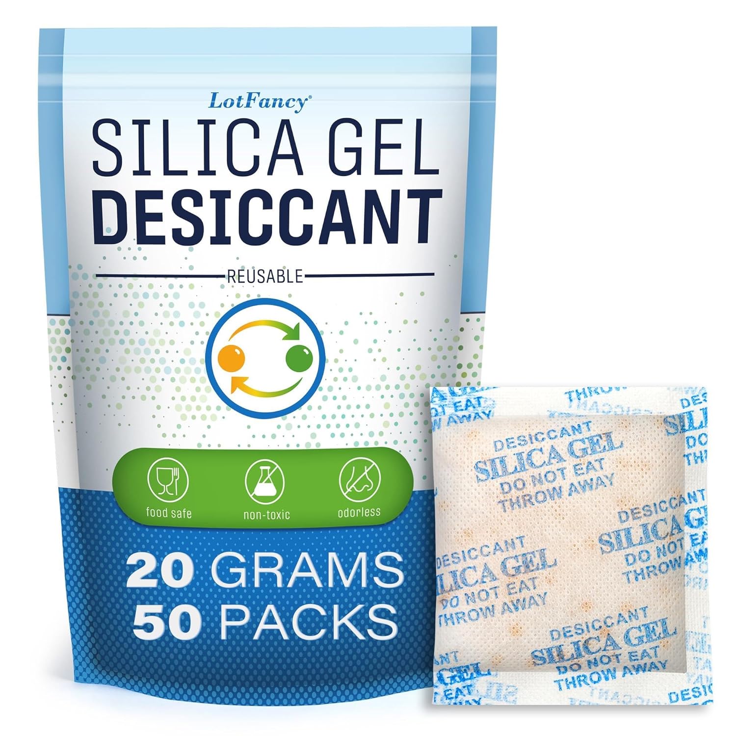 LotFancy 20g Silica Gel Desiccant Packets 50 Pack - Rechargeable Orange to Green Indicating Beads, Non-Toxic Moisture Absorber for Guns Shoes Documents