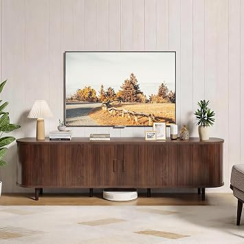 oneinmil 165cm 65" TV Stand Cabinet for TVs up to 70 inch with Sliding Doors, Wood Entertainment Center with Adjustable Shelves for Living Room and Bedroom, Walnut