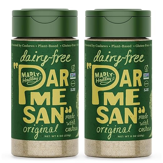 Madly Hadley Plant-Based Parmesan Cheese, 2 packs - 16oz | Original Vegan Cashew Parmesan Grated Topping for Pasta, Salad, Sauces | Dairy-Free, Gluten-Free, Non-GMO, Soy-Free, Keto-Friendly