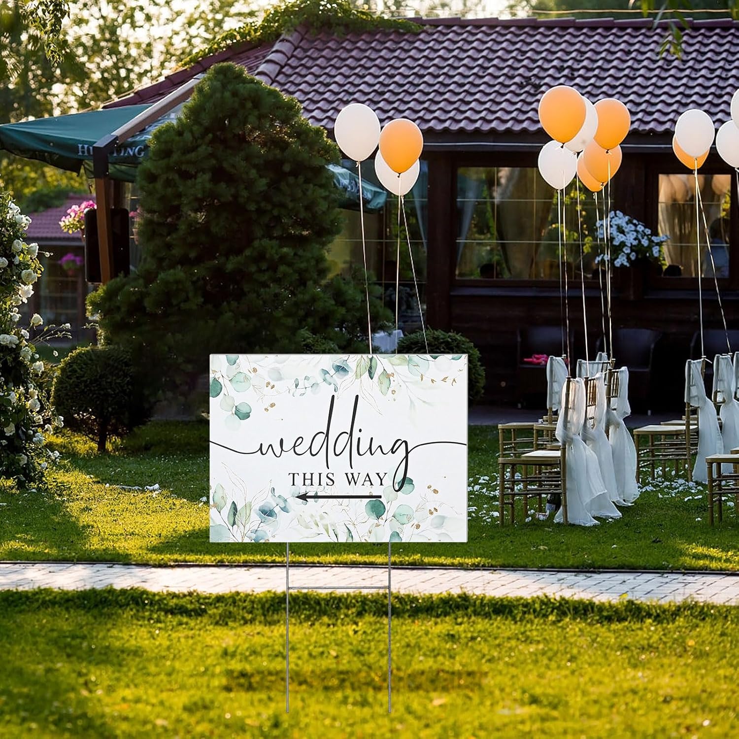 3 Pack 17''×12.5'' Wedding This Way Signs Double Sided Printed Wedding Directional Parking Sign with Stakes for Ceremony Reception Lawn Yard Arrow Signs Plastic Rainproof Party Supplies,Green Leaf