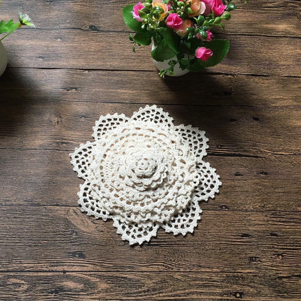 Buy 1 get 1 MINDPLUS Set of 12 Hand Crochet Doilies Cotton Crocheted Lace Doilies 1-8 Inches Round Beige Vintage Wedding Crafts (12pcs Beige)