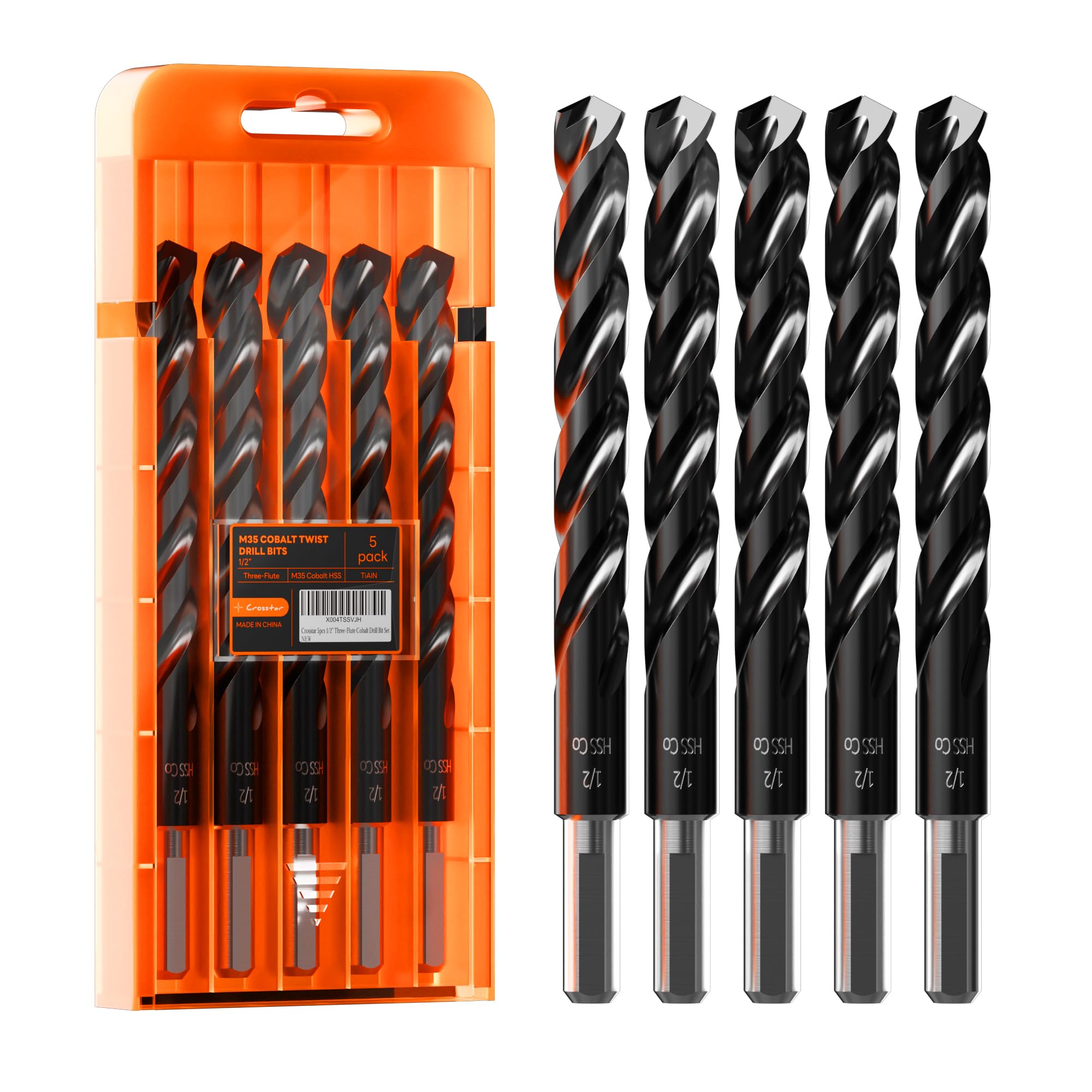 Crosstar M35 Cobalt Drill Bit Set,Three-Flute Design,1/2",5 Pack