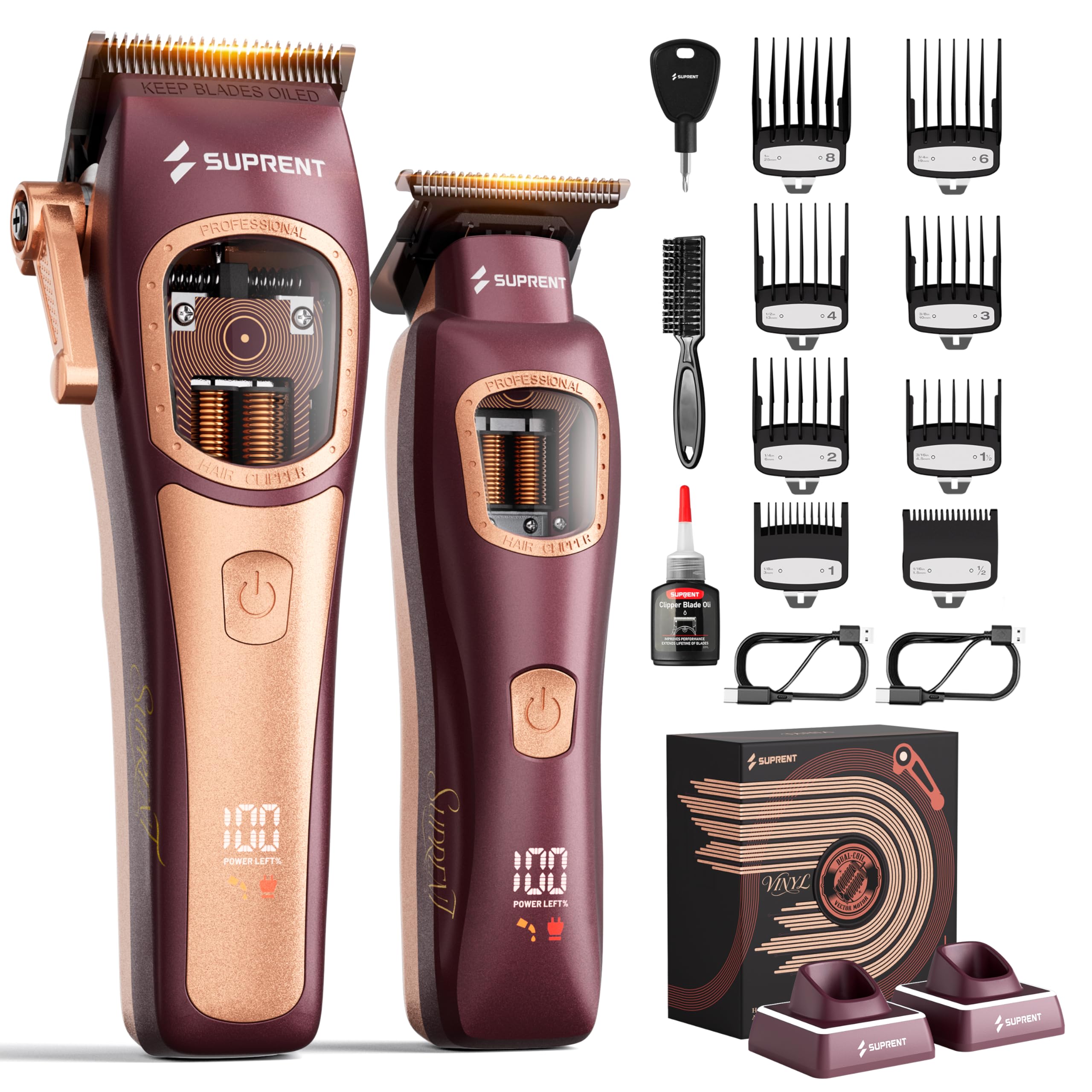 SUPRENT Maquina de Cortar Pelo Hombre, Cortapelos Profesional 8500-11000RPM | Motor Vectorial Inteligente de Doble Bobina, Cortapelos Inalámbrico, Bases de Carga, Uso de Barbero-Rojo