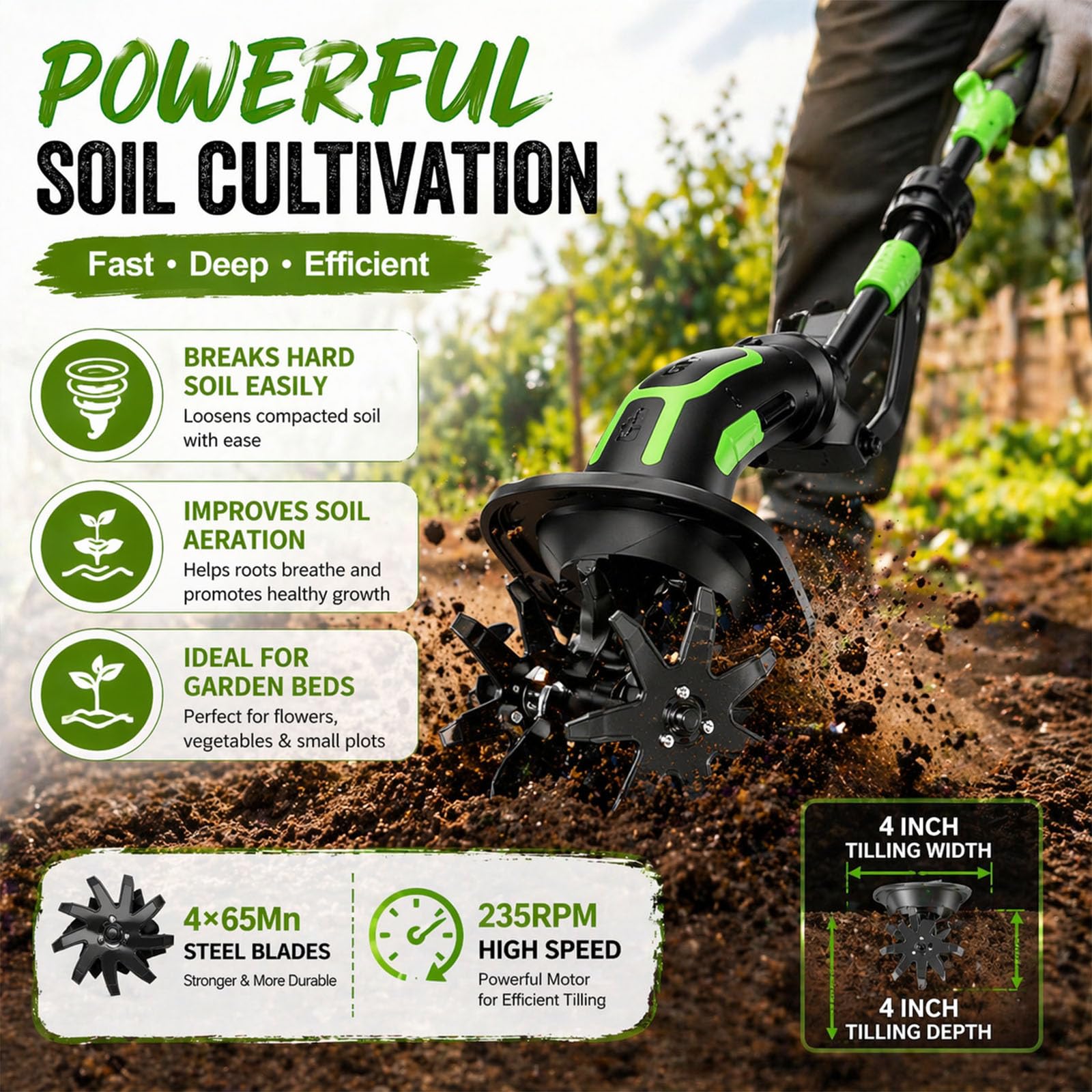 2026 New 24V 2 in 1 Cordless Tiller and Cultivator with Extension Pole,Cordless Tiller Cultivator,Handheld Tiller and Hand Held Cultivator for Garden,Weeding, Trenching (Green(2*Battery+1*Pole)) - 5