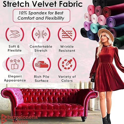 Miniatura 2 de Tela de terciopelo elástico  Lujo y suave  Rollo de 60 pulgadas de ancho  10% elastano  Costura, ropa, tapicería (rojo, 1 yarda)