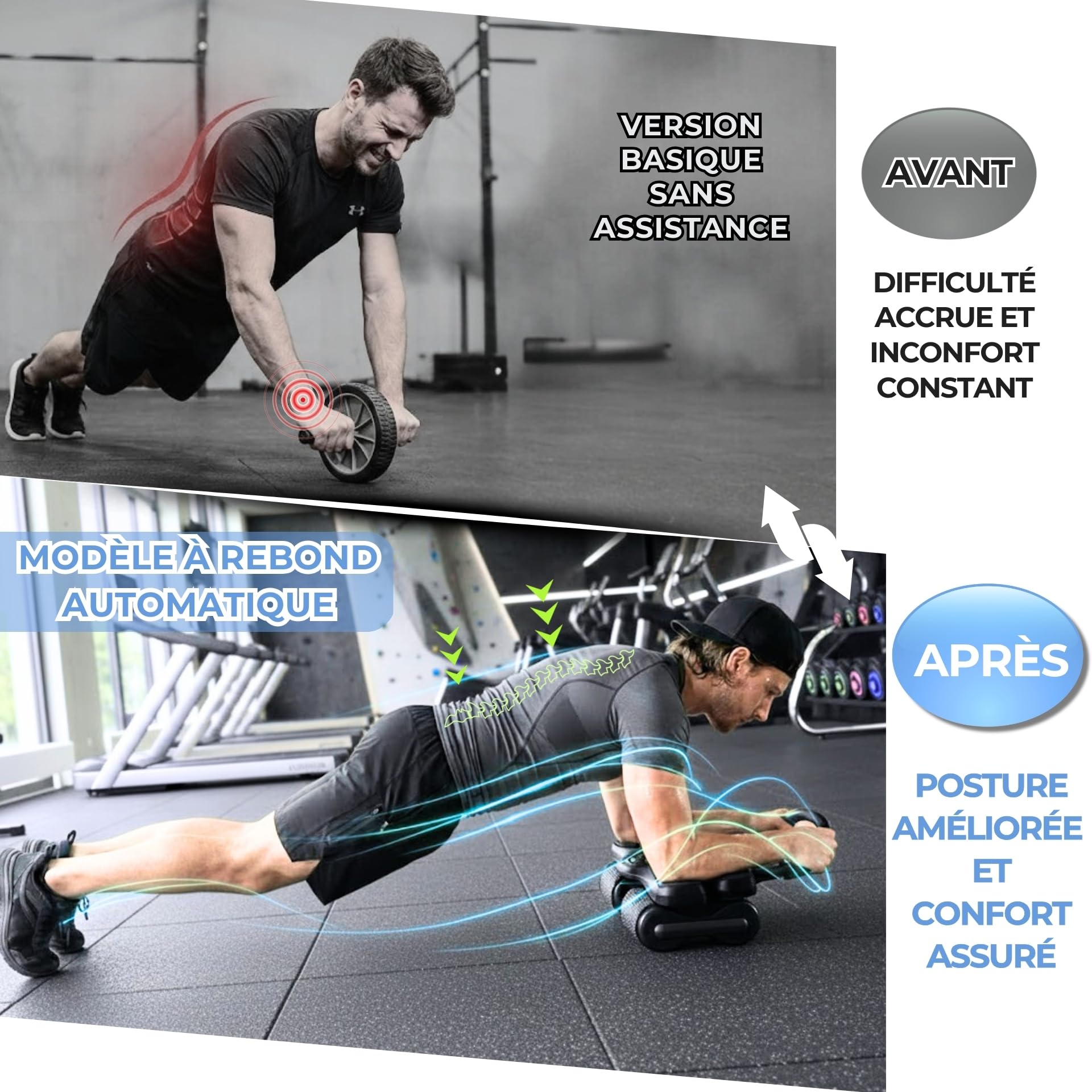 Roue Abdominale Assistée. Roulette Abdominaux robuste. Le Rouleau Abdominale Pour Hommes & Femmes. Roulette Abdos A Rebond Automatique. Adapté Au Gainage Avec Ses 4 Roues !