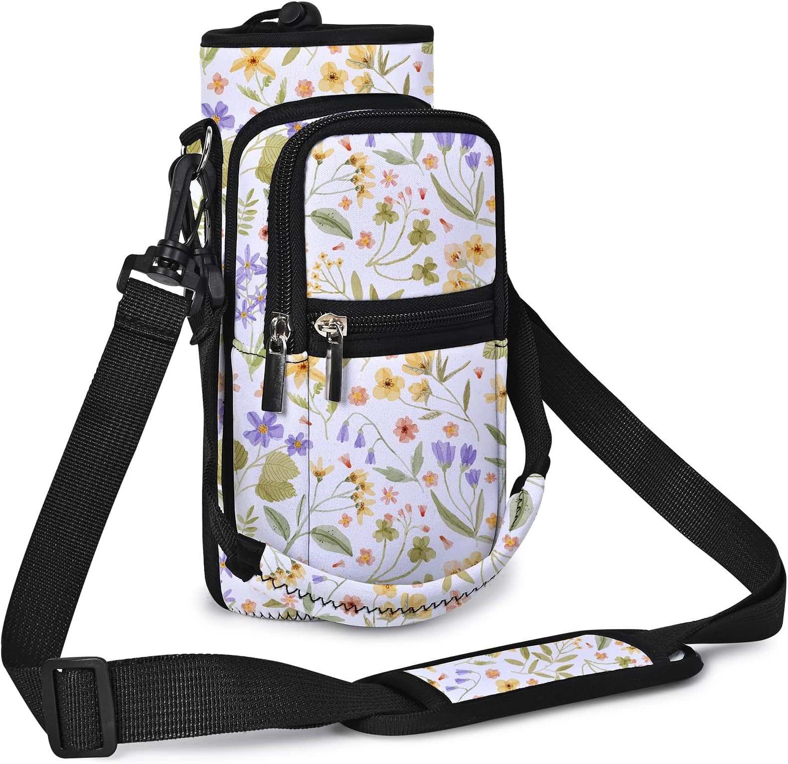 AUPET Water Bottle Sling Bag Sleeve Holder Carrier 25/32/40/64 oz,Insulated Crossbody Water Bottle Case Cover with Strap and Pockets for Men/Women Walking Hiking (Pressed Flower Art, 32oz)
