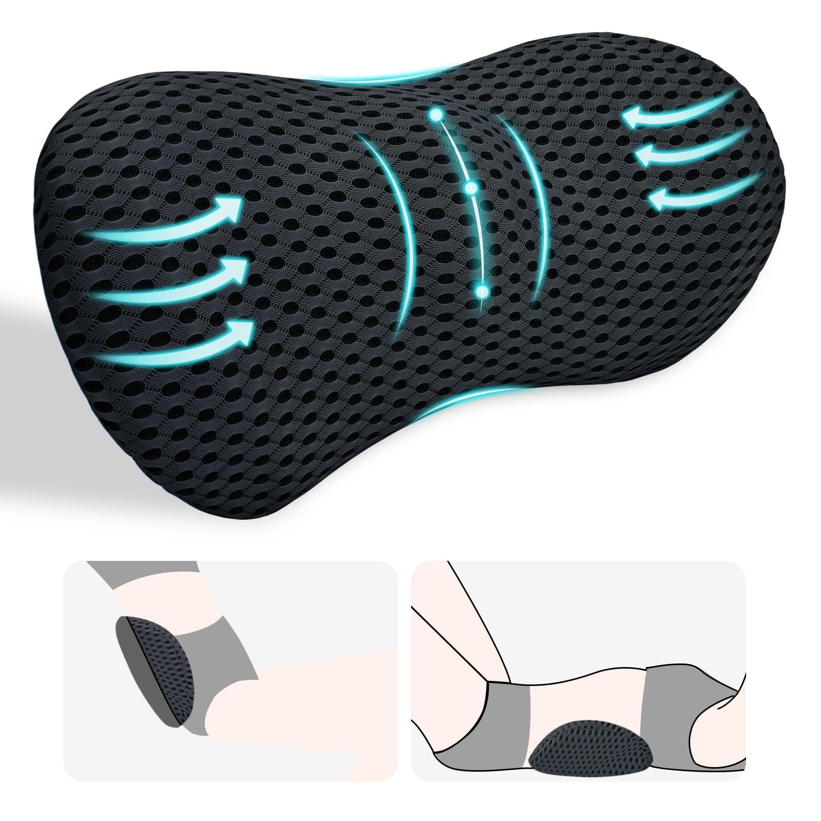 Poduszka lędźwiowa, poduszka lędźwiowa do samochodu i krzesła biurowego, poduszka lędźwiowa z pianki memory na dolne plecy, ergonomiczny design, czarna