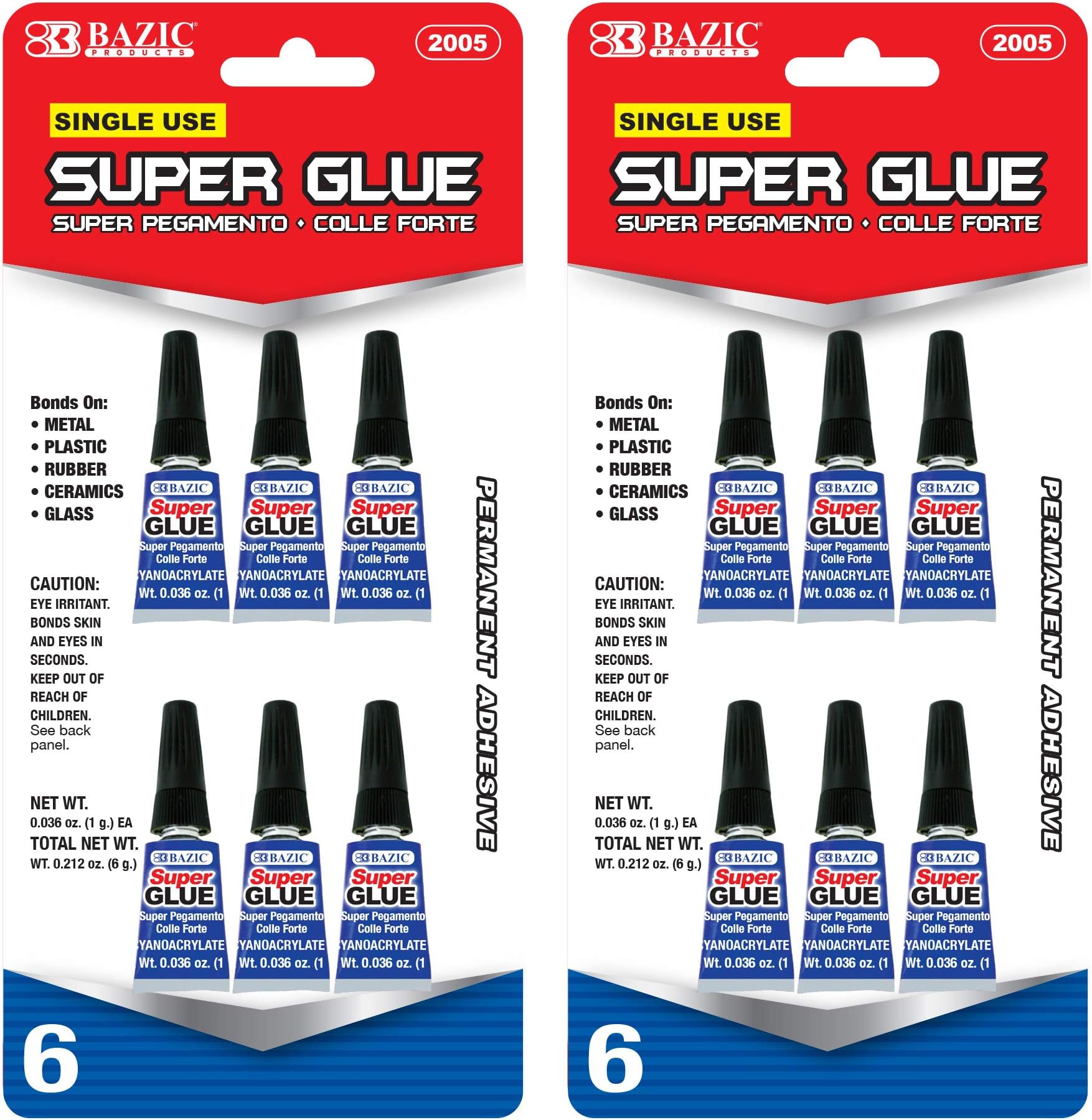 BAZIC Products Single Use Super Glue – Mini Small Tube for Crafting, Fabric, Ceramics, Plastic & DIY Repairs, Fast-Drying Clear Glue for Home, School & Office, 6/Pack, 2-Packs