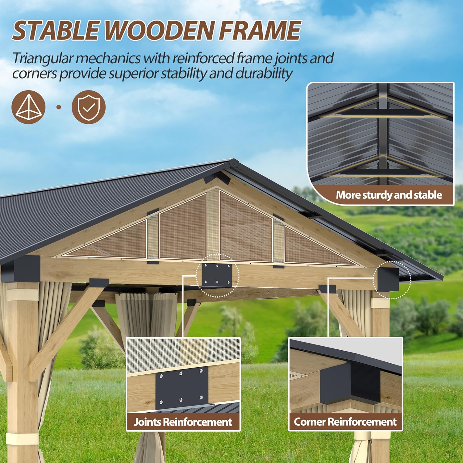 11' x 13' Wood Gazebo, Outdoor Cedar Wood Hardtop Gazebo with Galvanized Steel Roof, Wooden Frame Gazebos with Nettings &Curtains for Backyard, Patio, Deck