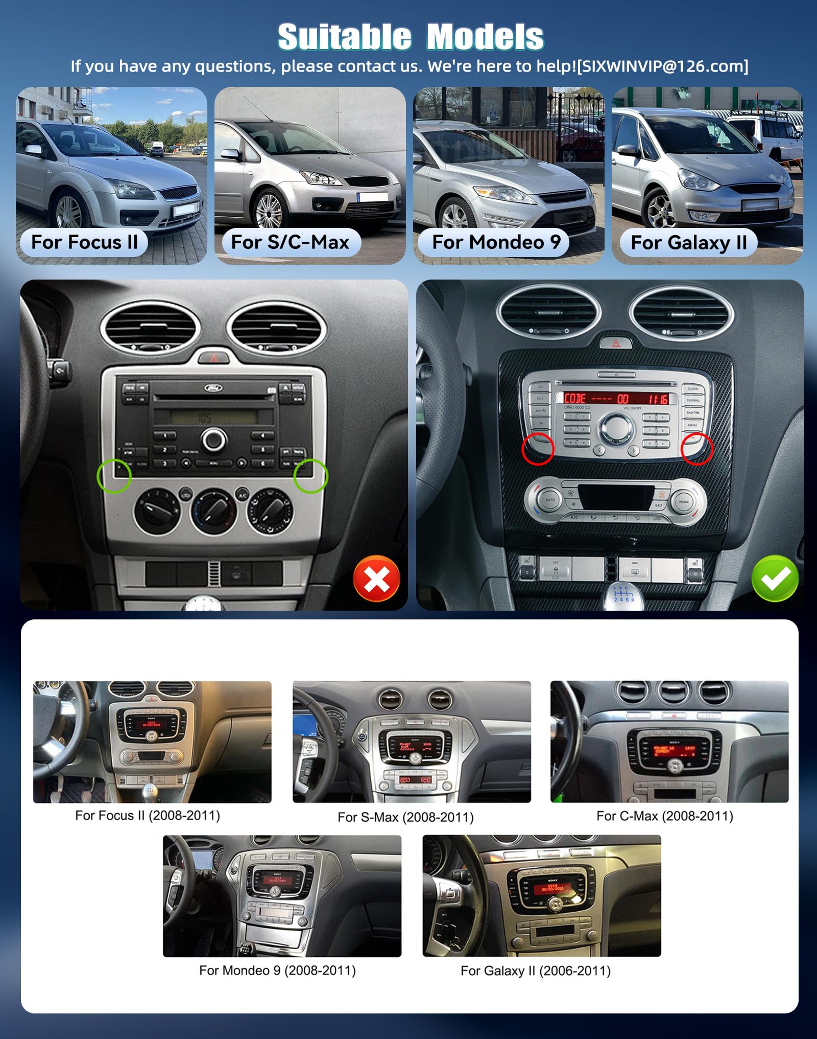 SIXWIN 4+64G Android 15 Autoradio per Ford Focus II Galaxy II Mondeo 9 S-MAX C-MAX con Wireless Carplay/Android Auto/Mirrorlink, 7'' Touchscreen Schermo con WiFi GPS FM/RDS Bluetooth5.0+32EQ(Nero)