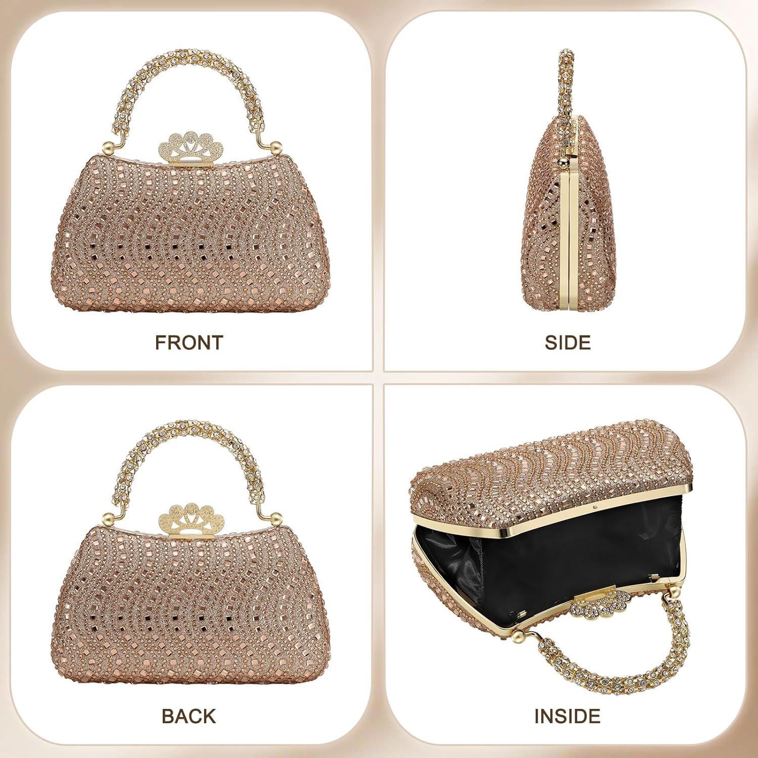 Rhinestones Evening Bag for Women, Shiny Sequin Evening Clutch Wedding Purse for Bride Party Formal, Champagne
