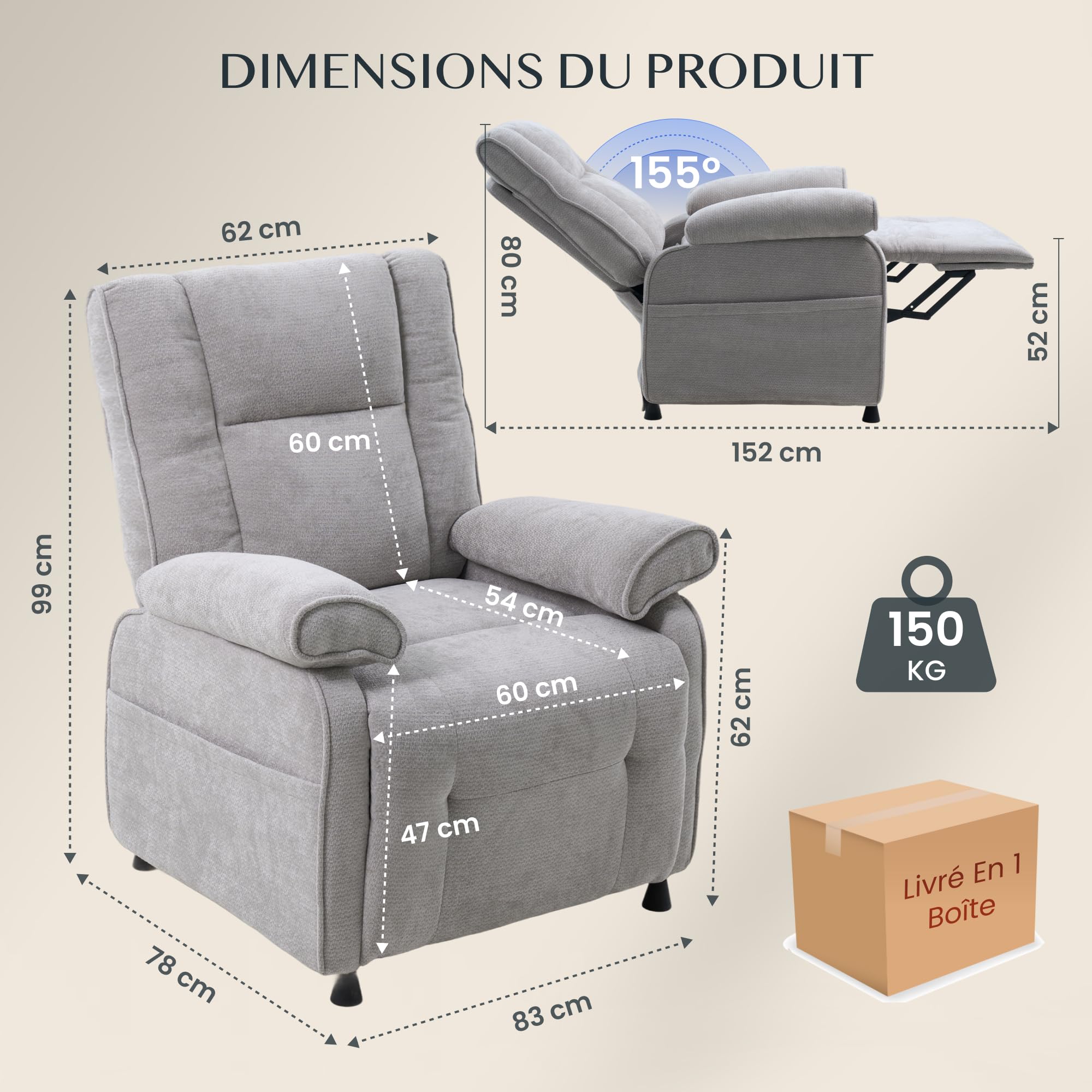 FLEXISPOT Elektryczny fotel relaksacyjny 95°–155° – 155°, uchwyt 150 kg, ergonomiczny fotel telewizyjny z podnóżkiem, regulowane oparcie, gruba wyściółka, kieszeń boczna, jasnoszary